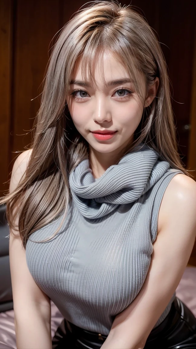 (Tabletop, Highest quality、expensiveディテール:1.1、Very attractive adult beauty、Add vibrant highlight to your eyes、Backwards、View the viewer、A beautiful woman with adult charm、Perfect Anatomy、Silver Hair、Long Hair、Shiny Hair、Lip gloss),1 Girl, alone, Realistic、Please tilt your head a little, short and Shiny Hair、Heart-cut knit sweater、Stylish scarf,bangs、Big eyes、eyelash、Face is a little red、Embarrassing),Big eyes、Give students a very strong highlight、(Huge breasts:1.4}、Very large breasts、Very beautiful beauty、Listen carefully、Long neck、Laugh a little、Beautiful Teeth、Open your mouth and laugh、Heart shaped eyes))、28 years old、Very cute supermodel、expensive