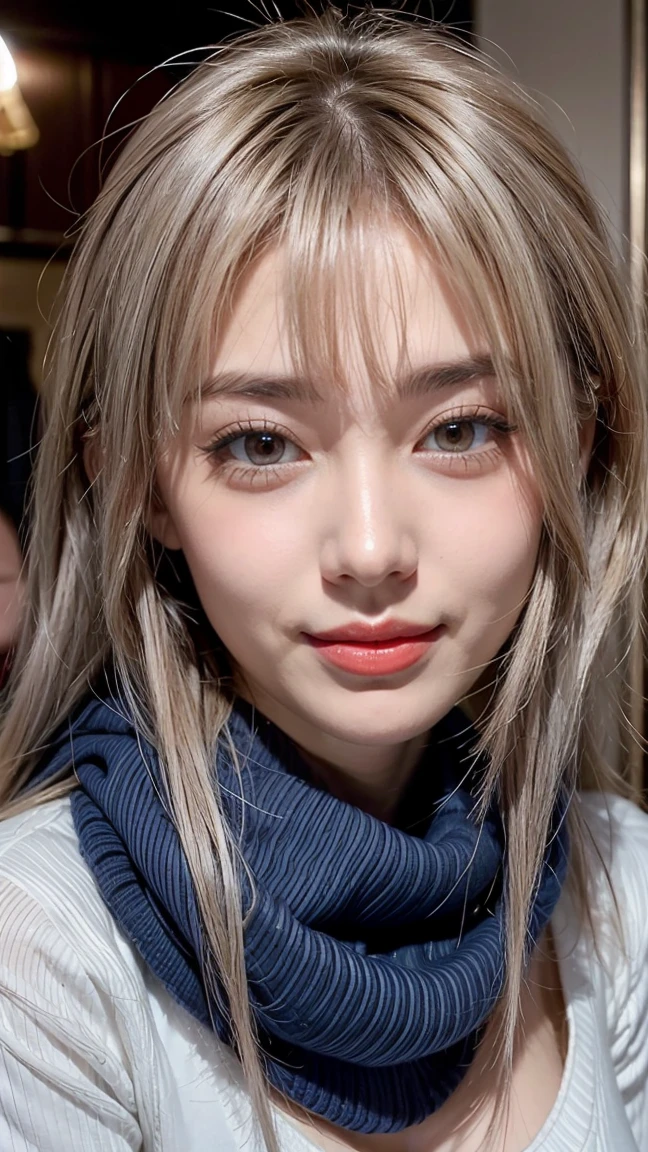 (Tabletop, Highest quality、expensiveディテール:1.1、Very attractive adult beauty、Add vibrant highlight to your eyes、Backwards、View the viewer、A beautiful woman with adult charm、Perfect Anatomy、Silver Hair、Long Hair、Shiny Hair、Lip gloss),1 Girl, alone, Realistic、Please tilt your head a little, short and Shiny Hair、Heart-cut knit sweater、Stylish scarf,bangs、Big eyes、eyelash、Face is a little red、Embarrassing),Big eyes、Give students a very strong highlight、(Huge breasts:1.4}、Very large breasts、Very beautiful beauty、Listen carefully、Long neck、Laugh a little、Beautiful Teeth、Open your mouth and laugh、Heart shaped eyes))、28 years old、Very cute supermodel、expensive