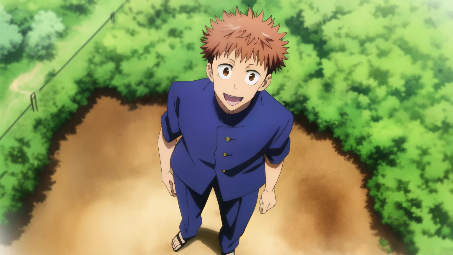 score_9, score_8_up, score_7_up, source_anime, rating_safe, , (photorealistic:0.6), looking at viewer, depth of field, 1boy, solo, male focus, itadori_yuuji, jujutsu kaisen,, brown hair, brown eyes, from above, full body, grand canyon, noon, leaning on object, happy, 