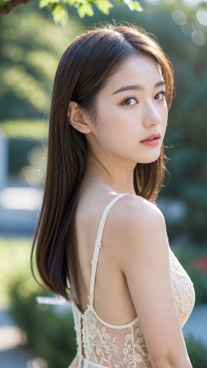 ((Best quality, 8K, masterpiece:1.3)),1girl,18 years old,Asian,Real texture:1.3,(Background blur:1.3),Dress Up,Tall and slender figure:1.2,(Hot summer weather),(garden:1.3),Highly detailed face and skin textures,Exquisite eyes,Long eyelashes,Double eyelids,Skin Whitening,happy,Big breasts