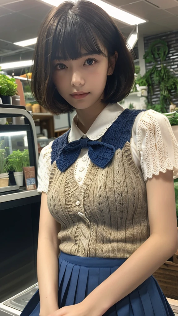 (masterpiece:1.2, top quality), (realistic, photorealistic:1.4), beautiful illustrations, (natural side lighting, cinema lighting), Depth of written border,
I look at the viewer, Foreground, 1 girl, English, high school student, 20 years, perfect face, Cute symmetrical face, shiny skin, open legs,
(short haircut:1.7,blonde), asymmetrical bangs, big eyes, Frozen eyes, long eyelashes on chest), Thin,
beautiful hair, Beautiful face, Thin and beautiful eyes, beautiful collarbone, Beautiful body, beautiful breasts, beautiful hips, Beautiful legs, beautiful fingers,
((Fine fabric texture, Brown knitted vest, white collar short sleeve shirt, dark blue pleated skirt, dark blue bow tie)),
(Beautiful landscape), Evening, (Inside a flower shop), They're standing, (smile, upper class, open your mouth), (((Skirt lift, no panties, The genitals are visible))), full body shot, Navy Blue Socks, sexy face, inverted nipples,