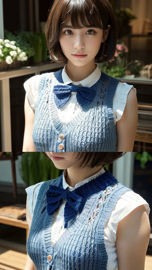 (masterpiece:1.2, top quality), (realistic, photorealistic:1.4), beautiful illustrations, (natural side lighting, cinema lighting), Depth of written border, 
I look at the viewer, Foreground, 1 girl, English, high school student, 20 years, perfect face, Cute symmetrical face, shiny skin, open legs,
(short haircut:1.7,blonde), asymmetrical bangs, big eyes, Frozen eyes, long eyelashes on chest), Thin, 
beautiful hair, Beautiful face, Thin and beautiful eyes, beautiful collarbone, Beautiful body, beautiful breasts, beautiful hips, Beautiful legs, beautiful fingers, 
((Fine fabric texture, Brown knitted vest, white collar short sleeve shirt, dark blue pleated skirt, dark blue bow tie)), 
(Beautiful landscape), Evening, (Inside a flower shop), They&#39;re standing, (smile, upper class, open your mouth),  (((Skirt lift, no panties, The genitals are visible))), full body shot, Navy Blue Socks, sexy face, inverted nipples, 