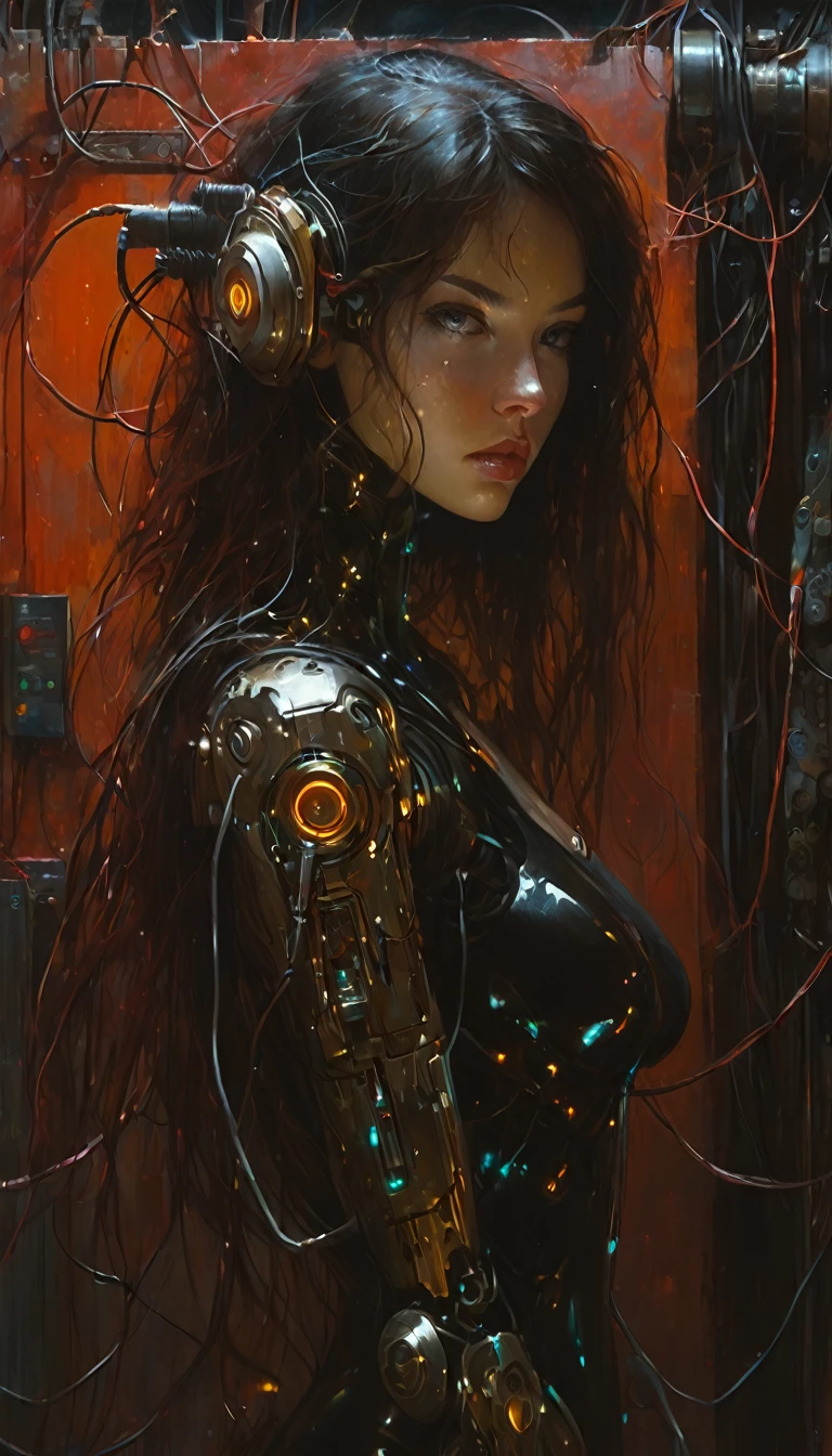 cyborg girl, charging, plugged into machinery, dark scene,(art inspired by Bill Sienkiewicz, intricate details, oil painted )