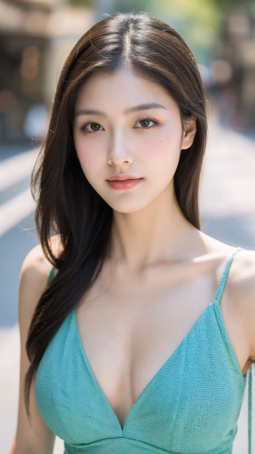 ((Best quality, 8K, masterpiece:1.3))，1girl，18 years old，Asian，Real texture:1.3，(Background blur:1.1)，Dress Up，Tall and slender figure:1.2，(Hot summer weather)，（street:1.3），Highly detailed face and skin textures，Exquisite eyes，Long eyelashes，Double eyelids，Skin Whitening，happy，Various postures，