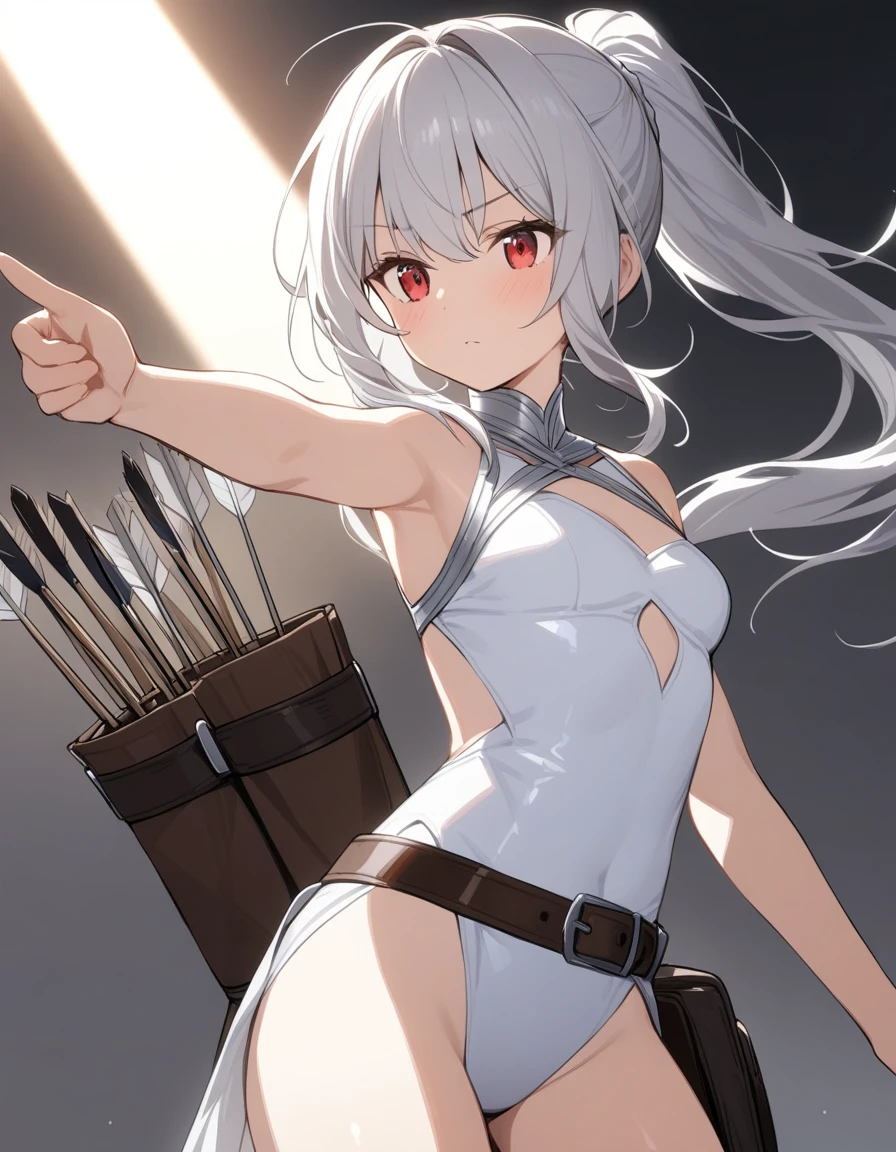 1 girl, shiny backlight, volumy long ponytail, silver hair, red eyes, middle breasts, her hair is fluttering down, white fantasic leotard outfit, white long loincloth,brown belts, long Quiver of Arrows behind back, open legs,open thighs, arched back, scerious, aiming, gazing, cowboy shot, masterpiece, best quality, general,