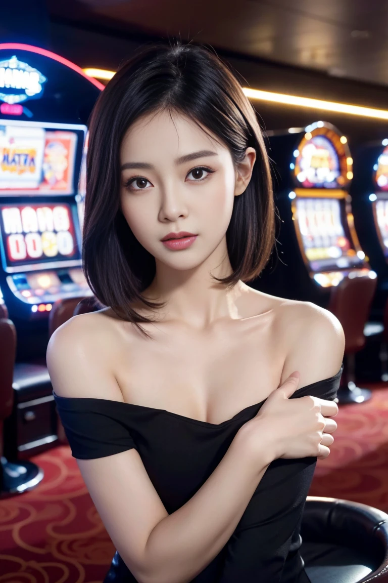 black tight shirt:1.2, look at viewer, movie light, perfect, soft light, high definition skin:1.2, Realistic skin texture, Korean woman in her 30s、small face、No makeup、, off shoulder,B cup breasts、 The rift revealed, conjunctivitis, short hair, dark brown hair、naked、 (random background,In casinos,VIP casino room, Modern Casino Console, Modern Slot Machines )