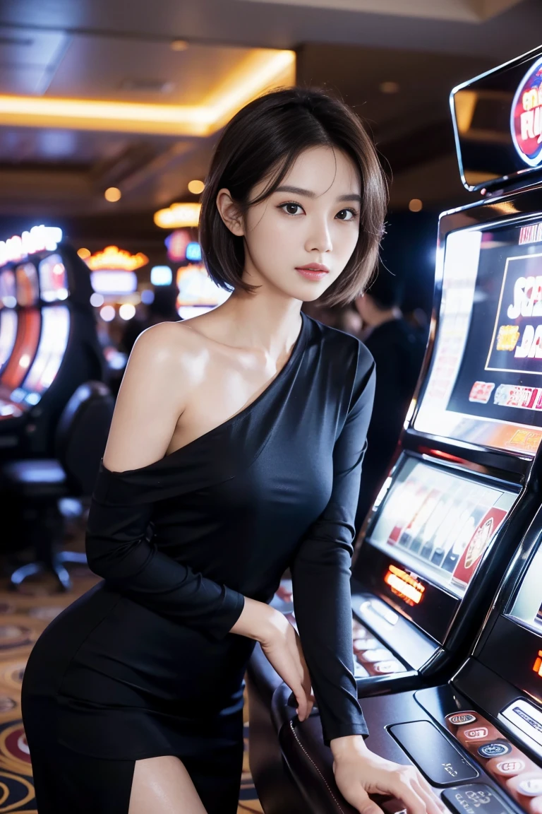 black tight shirt:1.2, look at viewer, movie light, perfect, soft light, high definition skin:1.2, Realistic skin texture, Korean woman in her 30s、small face、No makeup、, off shoulder,B cup breasts、 The rift revealed, conjunctivitis, short hair, dark brown hair、naked、 (random background,In casinos,VIP casino room, Modern Casino Console, Modern Slot Machines )