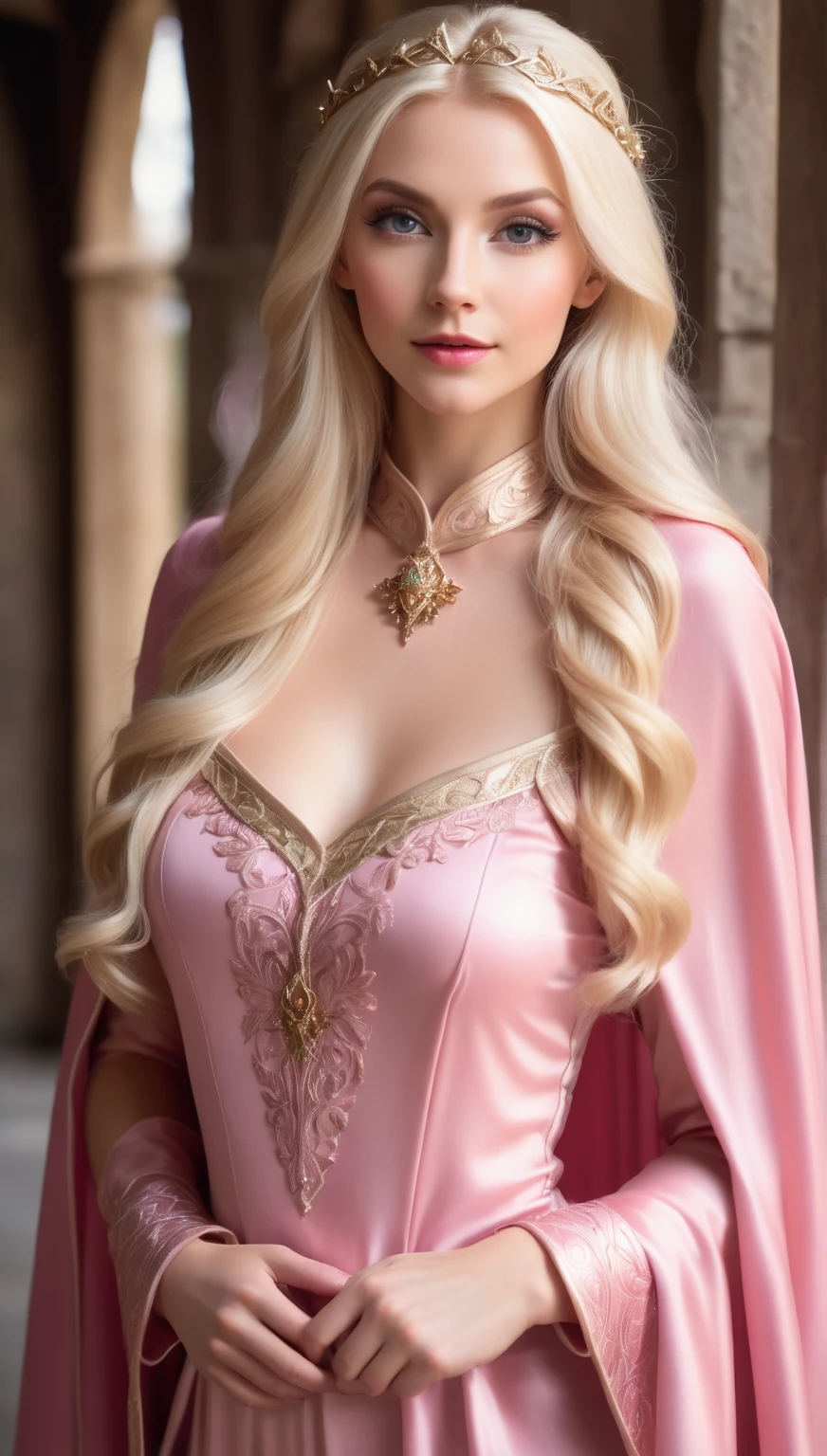 a woman in a pink dress and a pink cape posing for a photo, very beautiful top model elf, blonde elven empress, blonde hair princess, medieval princess, beautiful elf princess, blonde goddess, Beautiful lady, elf princess, glorious long blonde hair, amaranth, with long blonde hair, sexy girl with long blonde hair