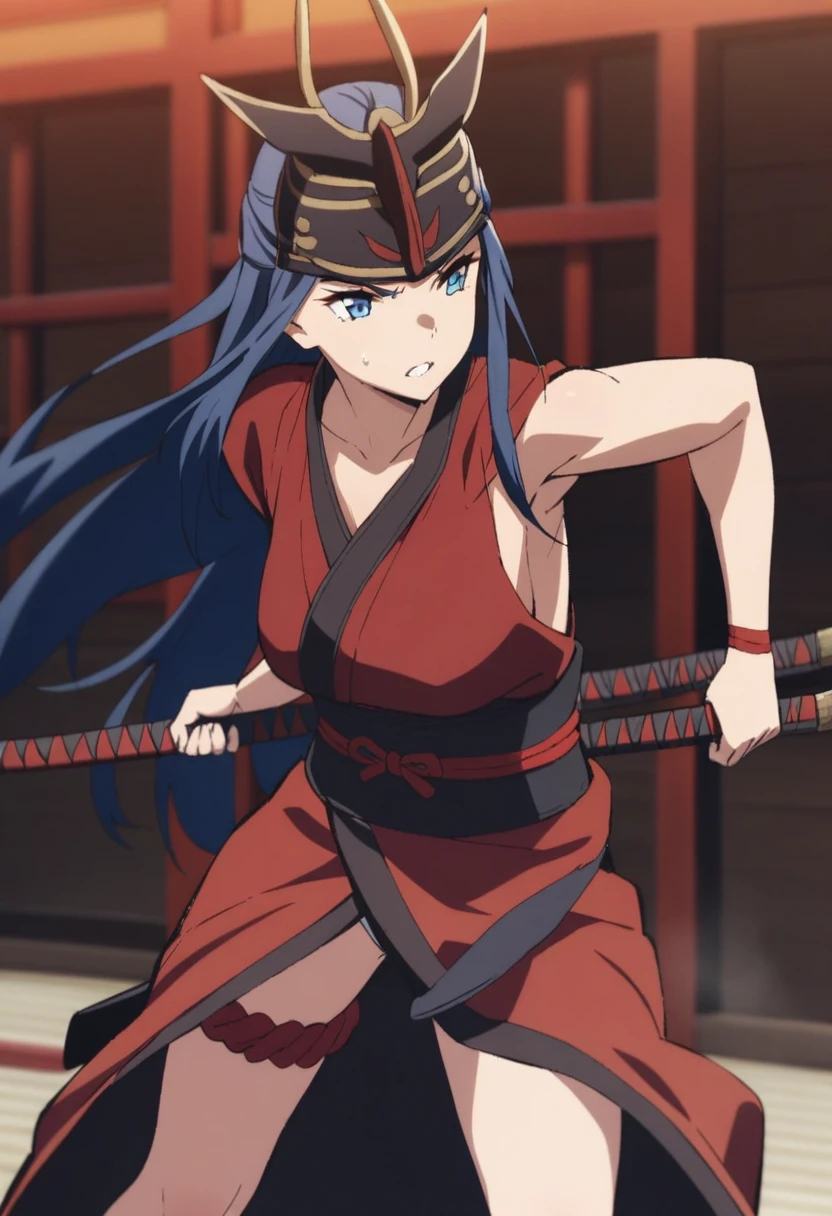 1girl, samurai warrior, long hair, blue eyes, fighting masterpiece, best quality,
