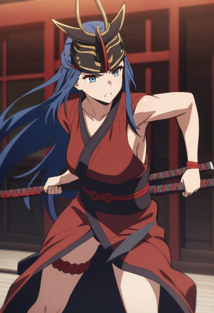 1girl, samurai warrior, long hair, blue eyes, fighting masterpiece, best quality,
