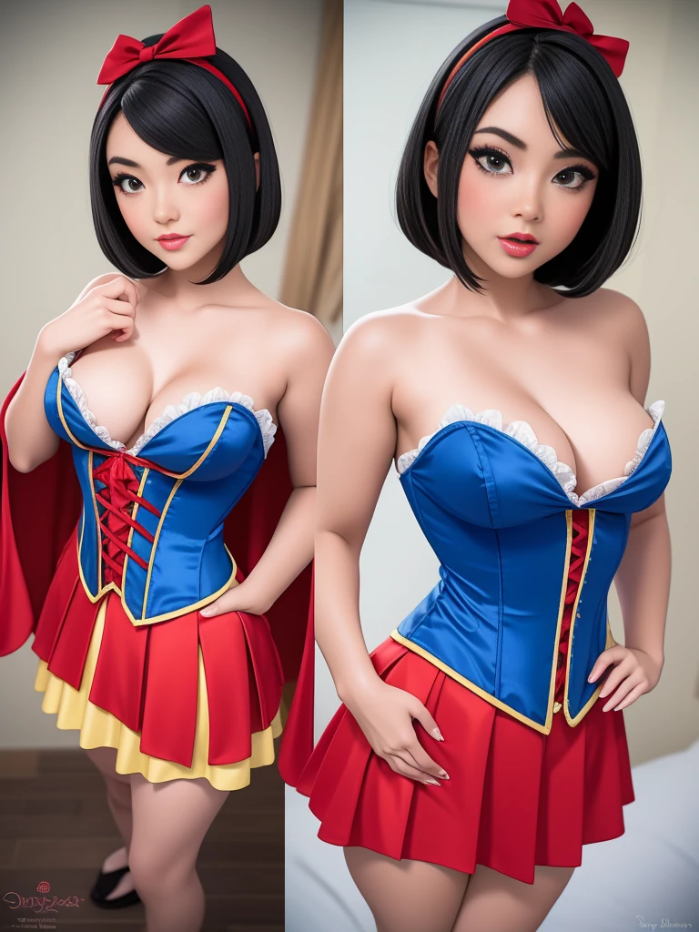 Beautiful Japanese 18 year old woman, wearing snow white cosplay, blue silk corset, red silk cape, yellow silk pleated skater skirt, , black bob hair, red hairband,  large breasts, , masterpiece, photorealistic, amazing detailed face