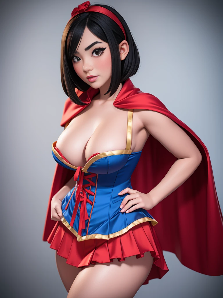 Beautiful Japanese 18 year old woman, wearing snow white cosplay, blue silk corset, red silk cape, yellow silk pleated skater skirt, , black bob hair, red hairband, large breasts, , masterpiece, photorealistic, amazing detailed face