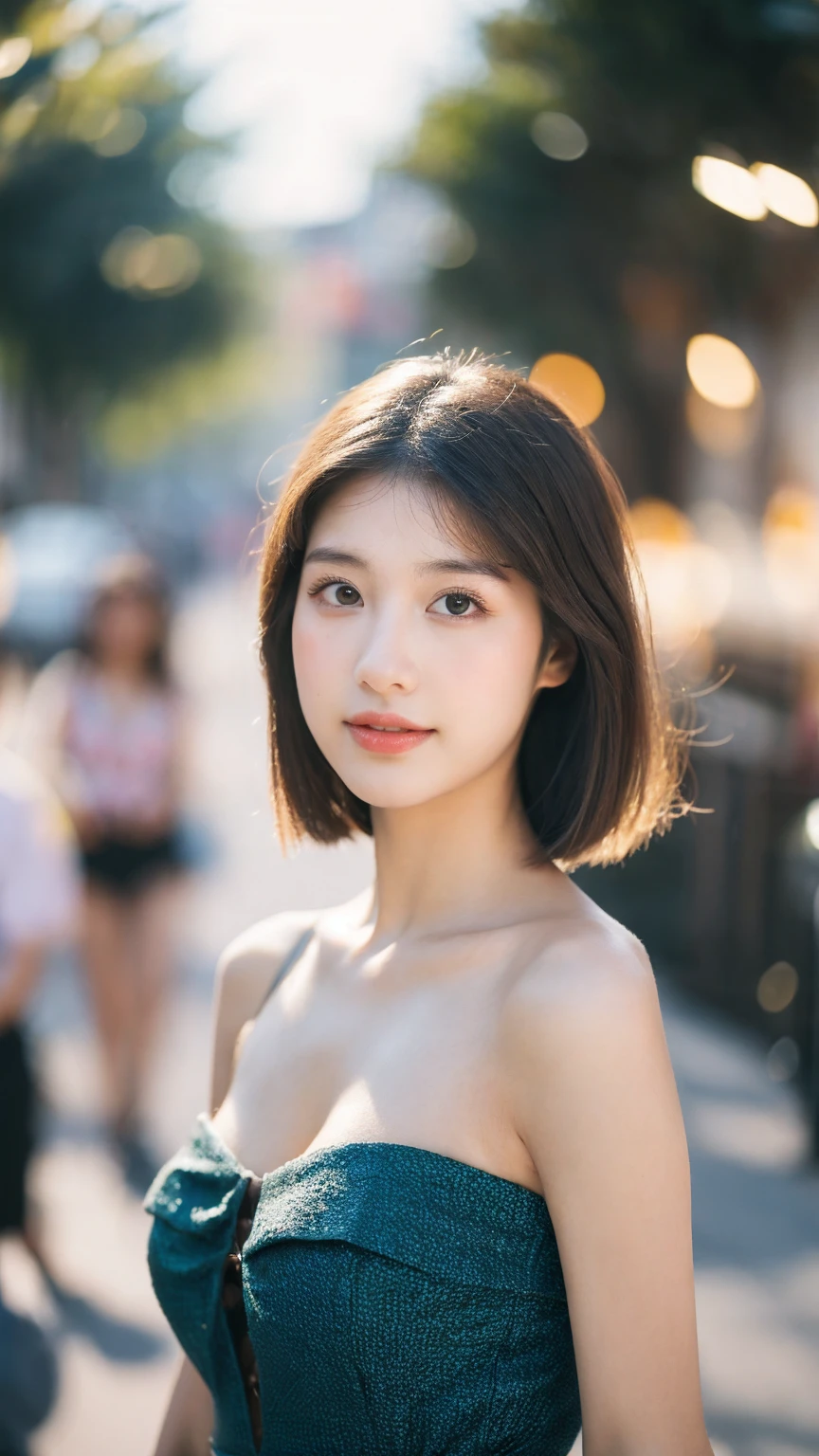 ((Best quality, 8K, masterpiece:1.3)),1girl,18 years old,Asian,Real texture:1.3,(Background blur:1.1),Dress Up,Tall and slender figure:1.2,(Hot summer weather),(street:1.3),Highly detailed face and skin textures,Exquisite eyes,Long eyelashes,Double eyelids,Skin Whitening,happy,Various postures,Big breasts