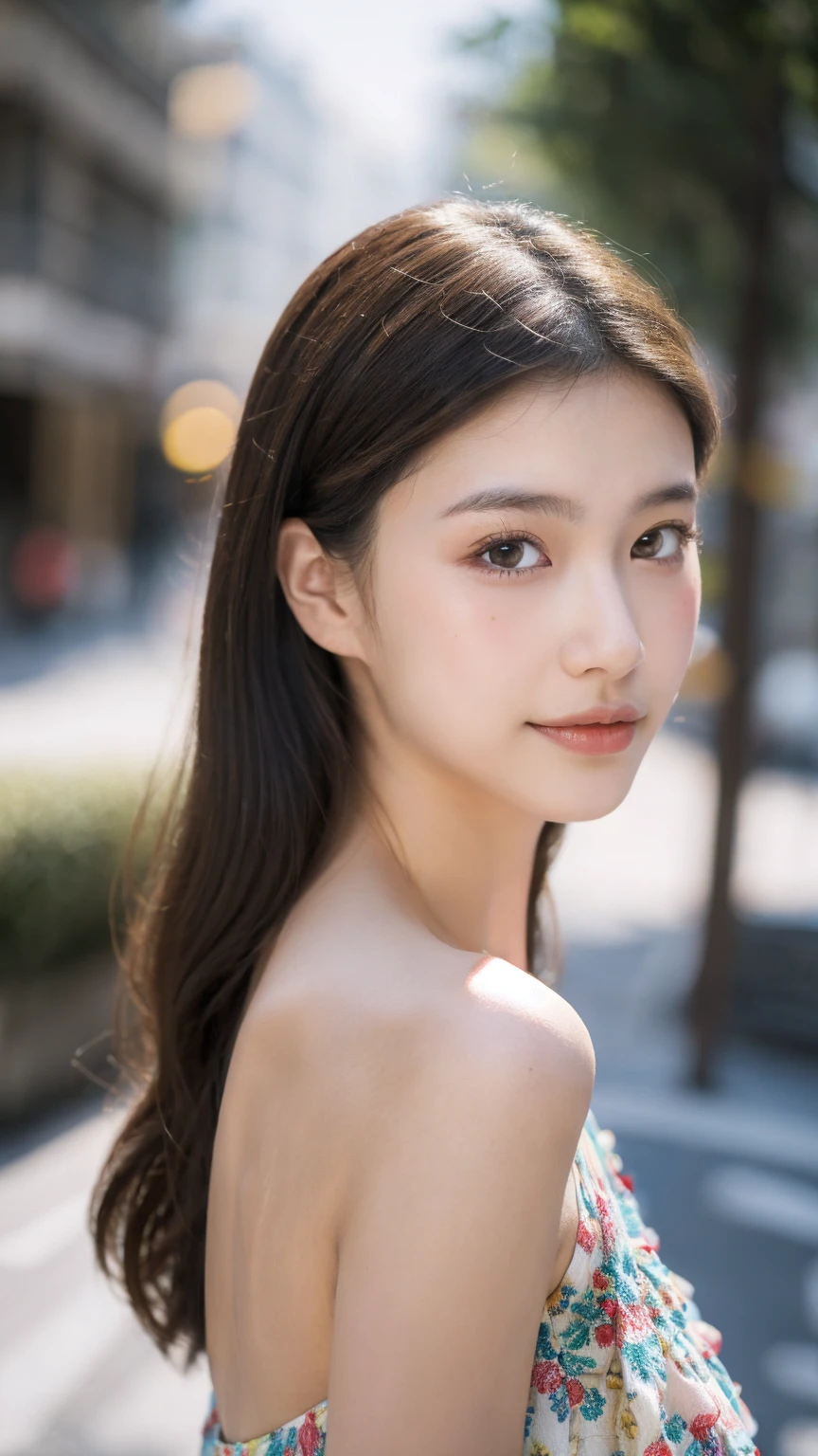 ((Best quality, 8K, masterpiece:1.3)),1girl,18 years old,Asian,Real texture:1.3,(Background blur:1.1),Dress Up,Tall and slender figure:1.2,(Hot summer weather),(street:1.3),Highly detailed face and skin textures,Exquisite eyes,Long eyelashes,Double eyelids,Skin Whitening,happy,Various postures,Big breasts