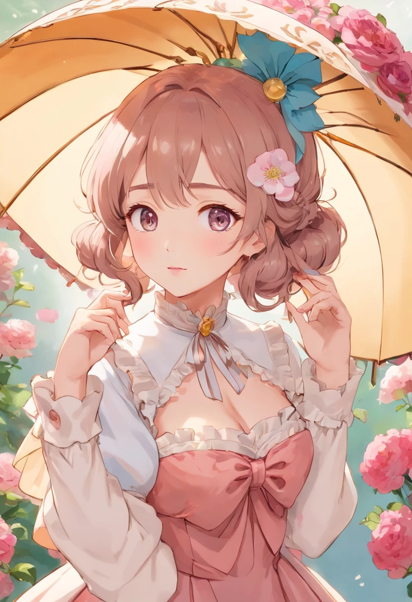 (Masterpiece), (best quality), illustration of Victorian Girl、kawaii girl、aniime、 1. **lo fashion**: Victorian fashion is characterized by dressy and elegant design。Ruffles and laces、corsets、Try incorporating elements such as long dresses。 2. **hairstyle on**: Women's hairstyles in the Victorian era are often complex and delicate。Upstyling and curling、It is also a good idea to add ribbons and floral ornaments to the hair.。 3. **Features**: girl features with soft features、Beautiful、kawaii、intelligent Beatty, Beautiful 5. **accessorized**: Accessories played an important role in the Victorian era。Hats、gloves、umbrellas, etc.、By drawing accessories with attention to detail、You can give your character personality。 Nice dress、florals、Luxurious costumes、PastelColors, (shining brightly), ((dazzling)), (floating a lot of flower petals, ((2d)), ((paper art))、(((glamorous)))、Plump、(((Chubby Mature Woman)))、(((Huge breasts)))、sexy woman、(Voluptuous:1.2)