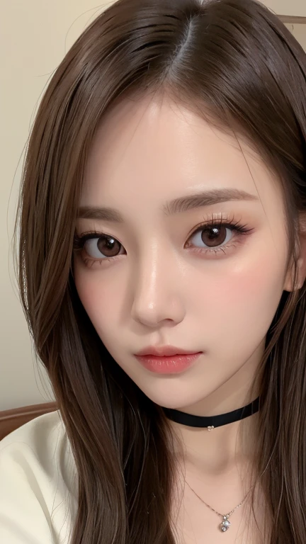 1 Female, (Close-up of face:1.5), Light brown hair, Blunt bangs, Hair behind the ear, Hair that falls over the shoulders, Long Hair, Ultra Fine Face, Thin face, Delicate lips, (Beautiful Eyes:1.5), Light blush, eyes are light brown,Have a look at this, Ultra-thin needle, Very thin fingers, The optimal ratio is four fingers to one thumb, White jacket, choker ,(Port Area) ,First Person View, 8K, Tabletop, Hmph, Super detailed, high quality, 最high quality, High resolution,