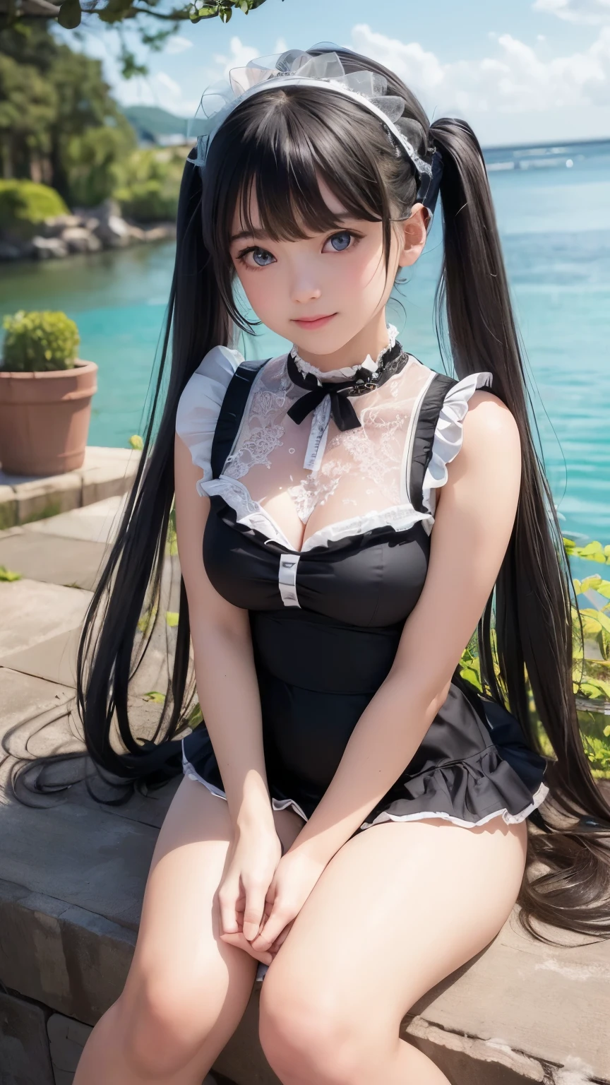 ((masterpiece)), ((highest quality、Ultra high definition)), (Very detailed),8K、Photo quality、((Amazingly cute girl)),)), Two people, , (Beautiful emerald blue eyes), ((smile)),In the open-air bath overlooking the sea, Beautifully arranged black hair in twin tails、whole body、Cute lolita maid stylimsuit))、Professional Lighting、(White lace knee-highore detailed and beautiful)、(More details and cutenesore realistic)、(((Just wear light clothing)))、プールではしゃぐ、