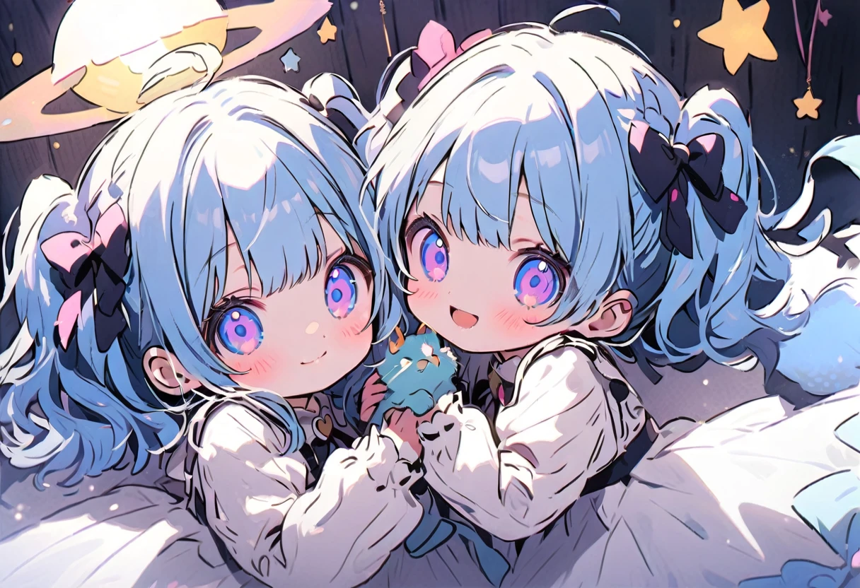 2females\(,cute,kawaii,age of 10s hair,curly hair,hair color cosmic,big eyes,eye color cosmic,cute dress,[cat ear:1.8],smile,cute pose,long shot\) AND 2females\(cat,kitten\) BREAK ,background\(inside,messy room,cute room,many kitten\), BREAK ,quality\(8k,wallpaper of extremely detailed CG unit, ​masterpiece,hight resolution,top-quality,top-quality real texture skin,hyper realisitic,increase the resolution,RAW photos,best qualtiy,highly detailed,the wallpaper,cinematic lighting,ray trace,golden ratio\),(close up cat:2.0),dynamic angle