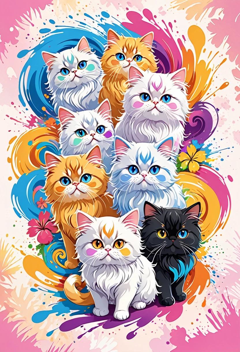 A vector art t-shirt, Colorful illustration with five, cute Persian cats, At the center, swirly vibrant colors, paint splashes and smears, high détail,Hawaiian style background