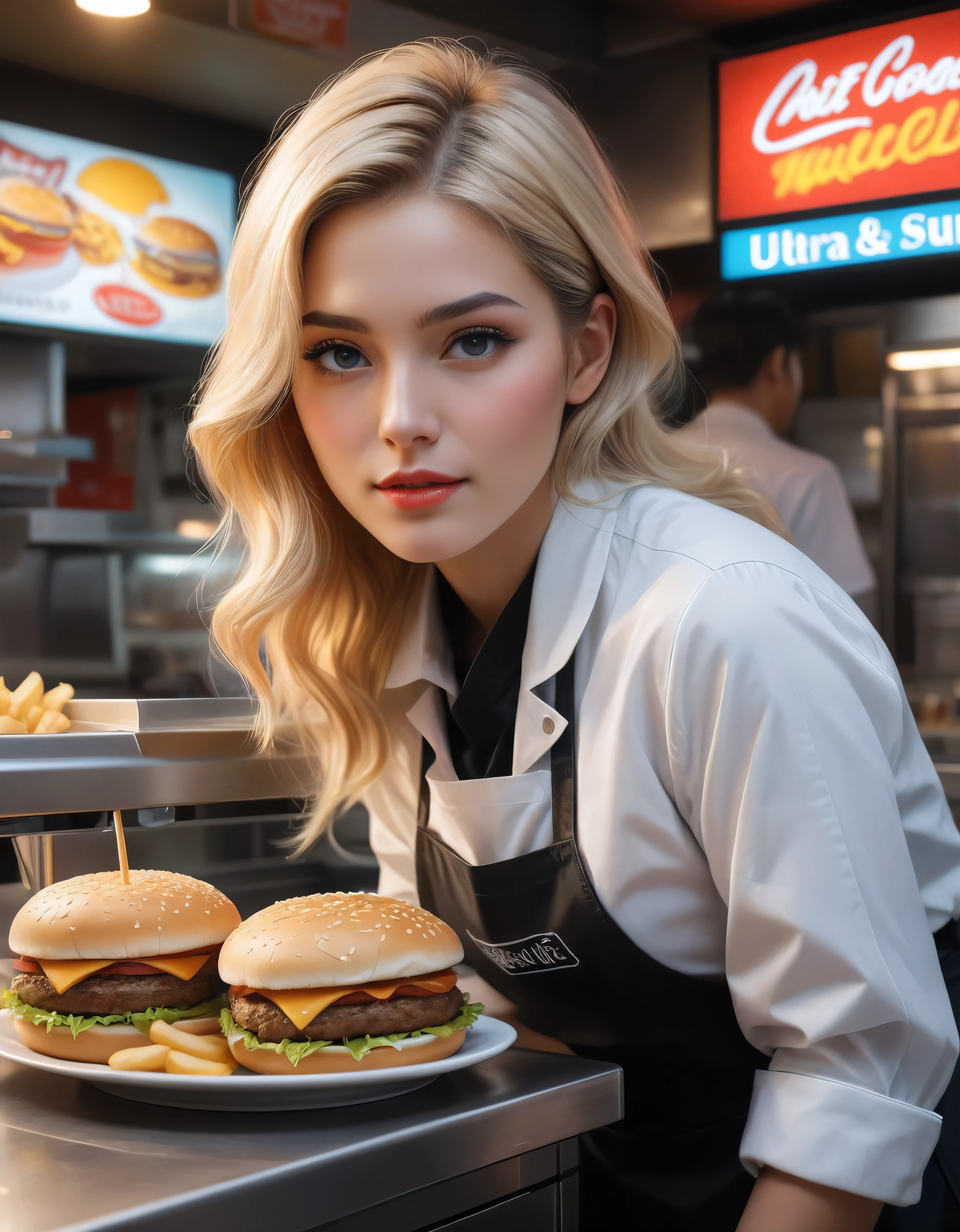 ((Masterpiece in maximum 16K resolution):1.6),((soft_color_photograpy:)1.5), ((Ultra-Detailed):1.4),((Movie-like still images and dynamic angles):1.3) | ((double contact):1.3), ((Supermodel beauty as a Fast Food Worker):1.2), ((Superimposed on Blonde Hair Cute Female):1.1), ((Fast food restaurant lighting):1.3), Oil and ink on canvas, fine dark art, super dramatic light, photoillustration, amazing depth, the ultra-detailed, iridescent black, superfluous dreams, intricately details, amazing depth, Amazing atmosphere, Mesmerizing whimsical vibrant landscapes, ((Fast Food Worker):1.2), ((Detailed Fast Food Restaurant):1.1), ((Happy view):1.1), ((hand gloves):1.1), Maximalism ((beautiful outside, Ugly inside, pressure and pain, beauty and despair, hard and soft, positive and negative, hot and cold, Sweet and sour, Vibrant but boring, Perfect harmony, light and shadows, old and young, Black and white, Corresponding color, loud and quiet, Chaos and peace, life and death):1.2) The complex masterpiece of a real-time engineering leader. | Rendered in ultra-high definition with UHD and retina quality, this masterpiece ensures anatomical correctness and textured skin with super detail. With a focus on high quality and accuracy, this award-winning portrayal captures every nuance in stunning 16k resolution, immersing viewers in its lifelike depiction. | ((perfect_composition, perfect_design, perfect_layout, perfect_detail, ultra_detailed)), ((enhance_all, fix_everything)), More Detail, Enhance.