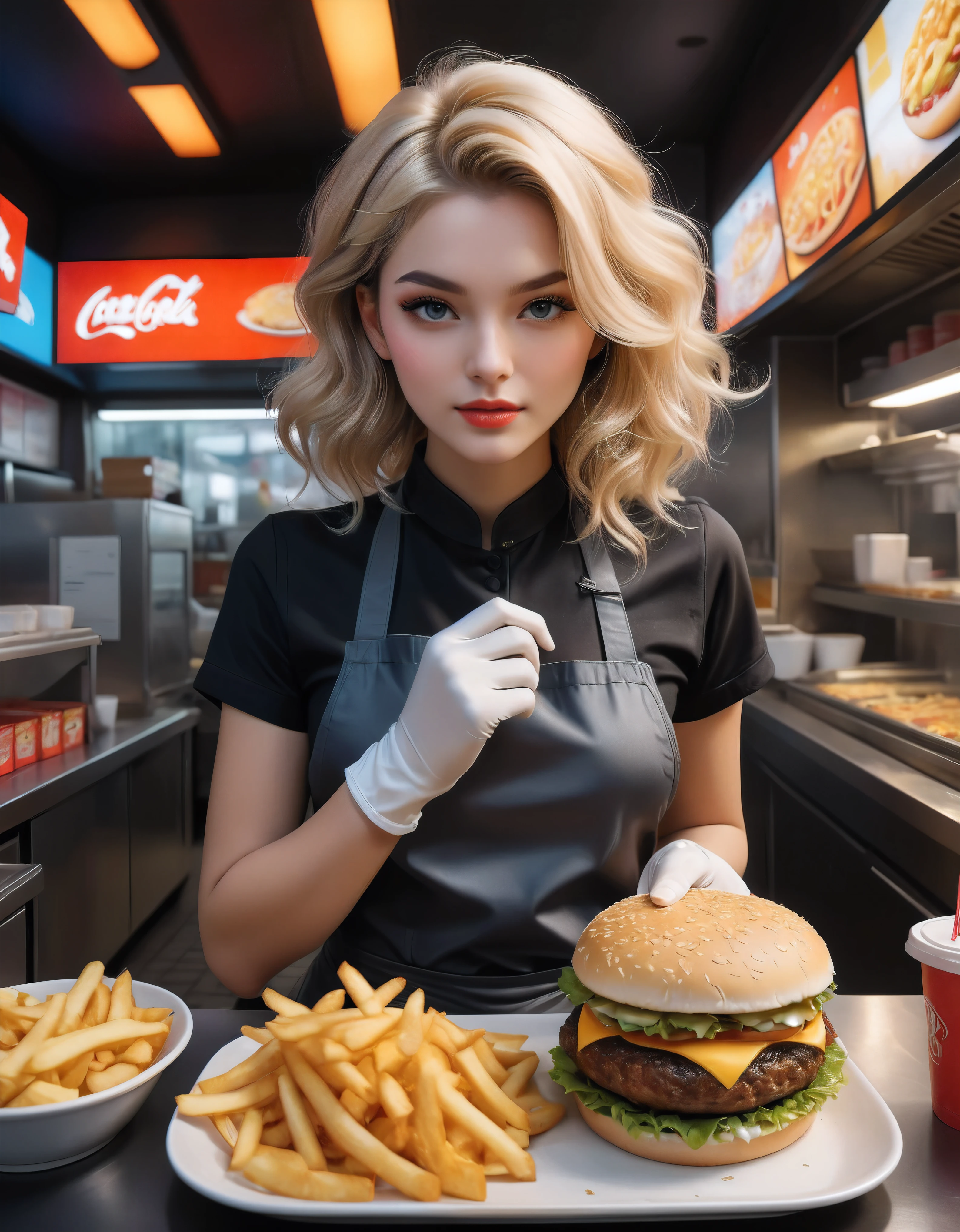 ((Masterpiece in maximum 16K resolution):1.6),((soft_color_photograpy:)1.5), ((Ultra-Detailed):1.4),((Movie-like still images and dynamic angles):1.3) | ((double contact):1.3), ((Supermodel beauty as a Fast Food Worker):1.2), ((Superimposed on Blonde Hair Cute Female):1.1), ((Fast food restaurant lighting):1.3), Oil and ink on canvas, fine dark art, super dramatic light, photoillustration, amazing depth, the ultra-detailed, iridescent black, superfluous dreams, intricately details, amazing depth, Amazing atmosphere, Mesmerizing whimsical vibrant landscapes, ((Fast Food Worker):1.2), ((Detailed Fast Food Restaurant):1.1), ((Happy view):1.1), ((hand gloves):1.1), Maximalism ((beautiful outside, Ugly inside, pressure and pain, beauty and despair, hard and soft, positive and negative, hot and cold, Sweet and sour, Vibrant but boring, Perfect harmony, light and shadows, old and young, Black and white, Corresponding color, loud and quiet, Chaos and peace, life and death):1.2) The complex masterpiece of a real-time engineering leader. | Rendered in ultra-high definition with UHD and retina quality, this masterpiece ensures anatomical correctness and textured skin with super detail. With a focus on high quality and accuracy, this award-winning portrayal captures every nuance in stunning 16k resolution, immersing viewers in its lifelike depiction. | ((perfect_composition, perfect_design, perfect_layout, perfect_detail, ultra_detailed)), ((enhance_all, fix_everything)), More Detail, Enhance.