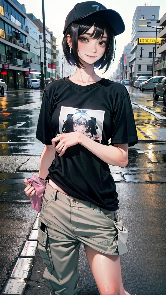 super resolution,
(realistic:1.3),
(1 slim girl), stylish girl, fashion,
young face, blush, (evil smile),
(slim) thigh,
baseball cap, earrings,
(black t-shirt), (baggy cargo pants),
gravure,
Rainy streets