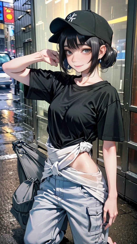 super resolution,
(realistic:1.3),
(1 slim girl), stylish girl, fashion,
young face, blush, (evil smile),
(slim) thigh,
baseball cap, earrings,
(black t-shirt), (baggy cargo pants),
gravure,
Rainy streets