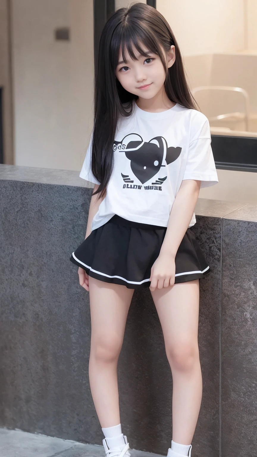 Very cute face、smile、14 years old、girl、Fluffy long hair、Beautiful legs、Beautiful body、Thin legs、White skin、Black T-shirt、Black mini skirt