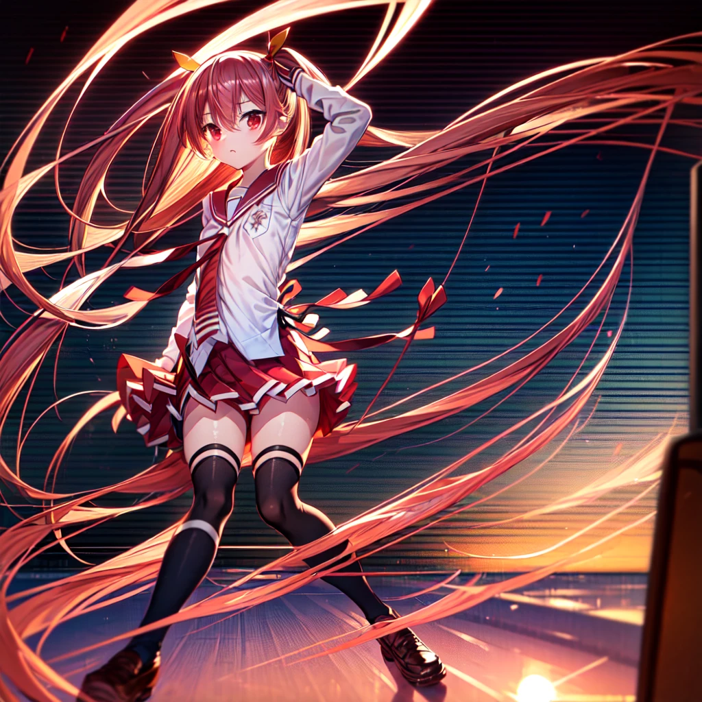 One girl, alone, Caria, Twin tails, Long Hair, Red hair ribbon,  Red eyes,
(school uniform:1.2), Long sleeve, Short tie,  Flat Chest,  Kanzaki H. Aria，mini skirt, Black knee socks,
Outdoor, sunset, building, Possession of a gun,