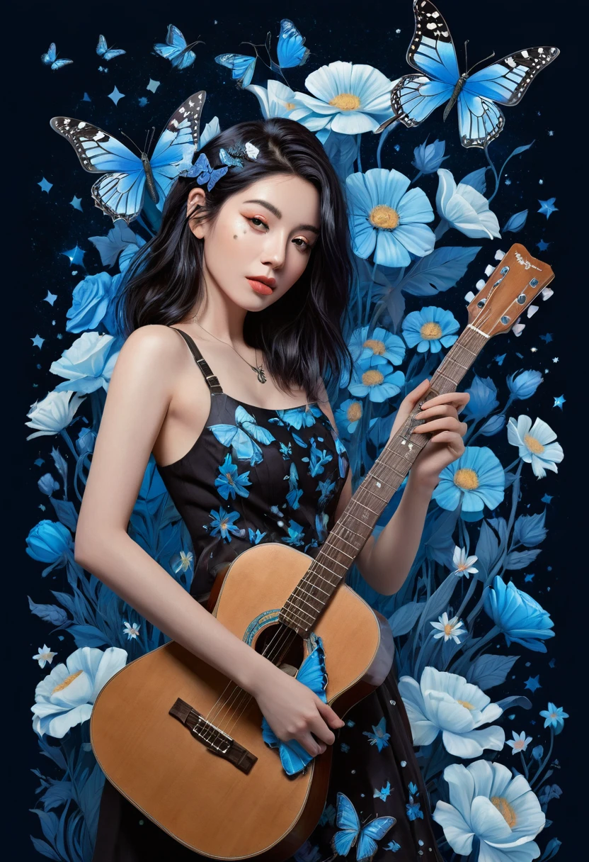 a woman with a guitar in her hand and a background of flowers and butterflies and stars is depicted in this artistic illustration of a woman with a guitar in her hand and a black background of a blue and a blue background,with a,and a,Alice Prin,dark background,cyberpunk art,synchromism,