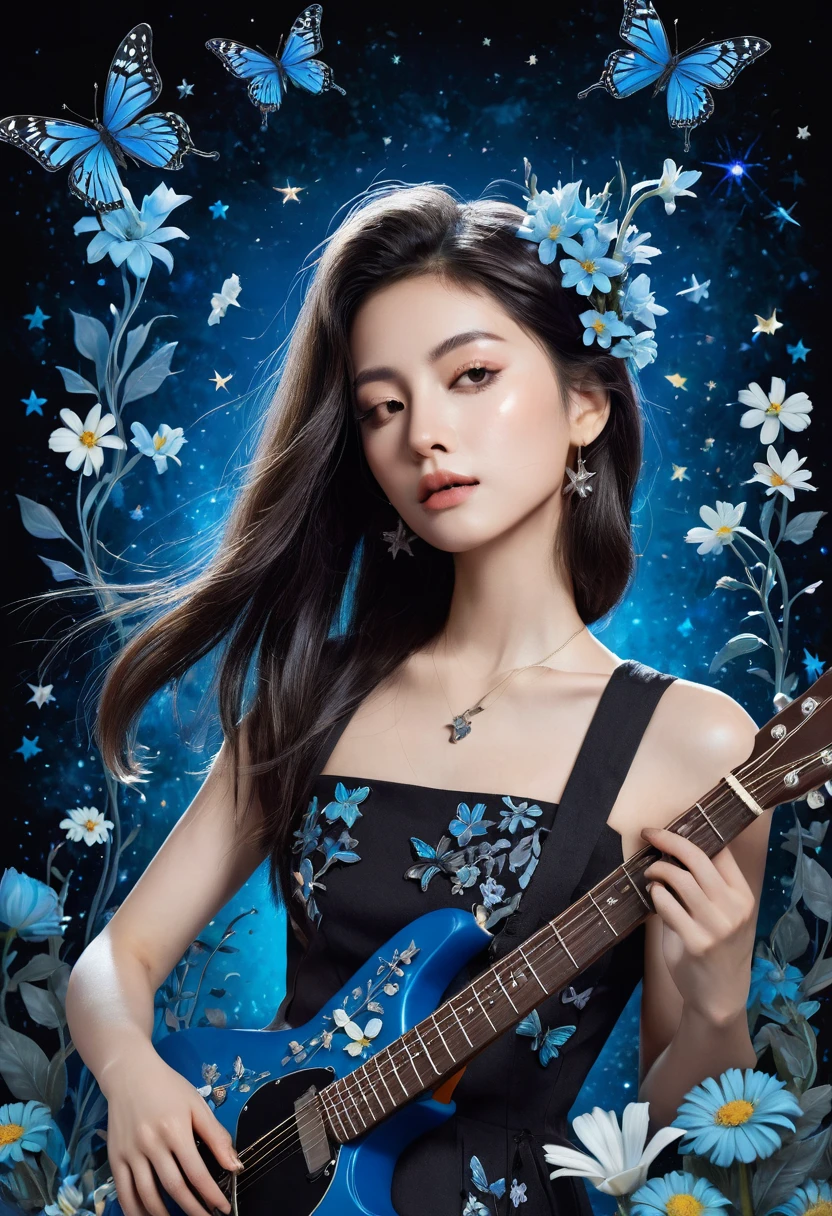 a woman with a guitar in her hand and a background of flowers and butterflies and stars is depicted in this artistic illustration of a woman with a guitar in her hand and a black background of a blue and a blue background,with a,and a,Alice Prin,dark background,cyberpunk art,synchromism,