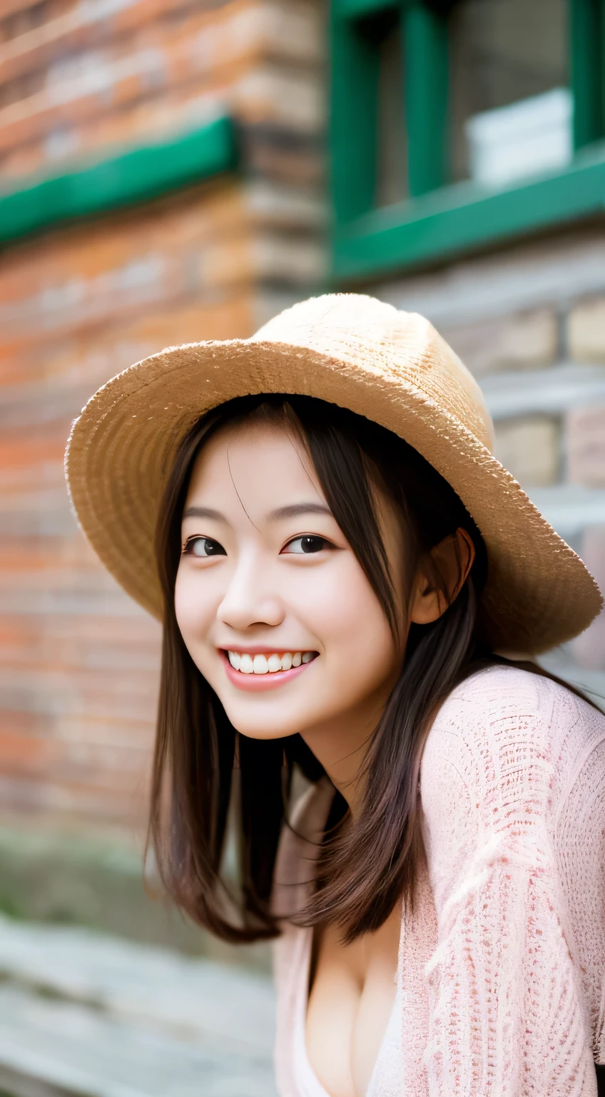 masterpiece,best quality,(Japanese ),((Beautiful girl)),cleavage,(perfect body beauty:1.2),(shy smile),beautiful teeth,(Blurred background of brick buildings),(hat),