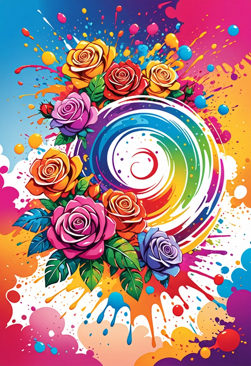 Vector art logo, Colorful illustration with many roses, At the center, swirly vibrant colors, paint splashes and smears, high détail, Hawaiian style background