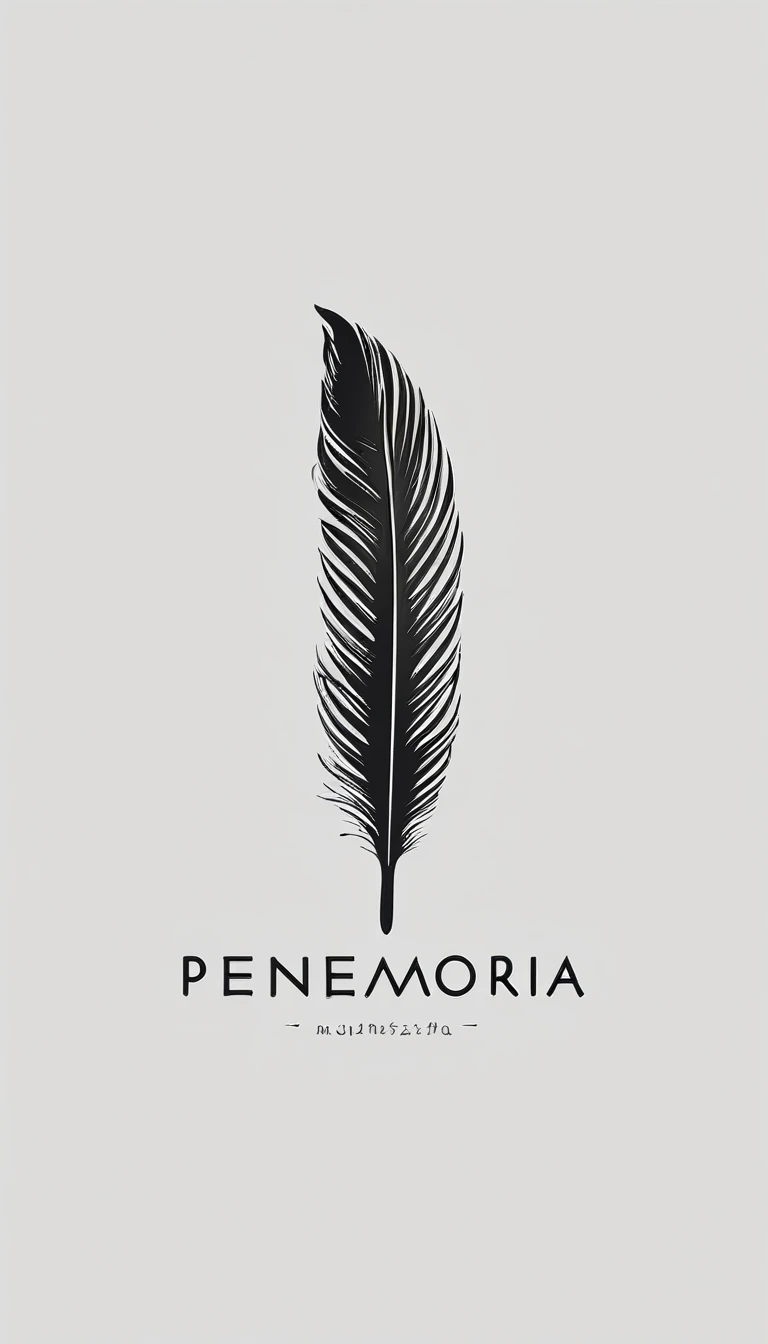 A minimal, modern, simple, cinematic logotype for the brand “Penamemoria". The logotype must be a simple, magical feather. The logo must convey a sense of music, stories and dreams. Logo design impressed on a book cover. Minimalistic logo