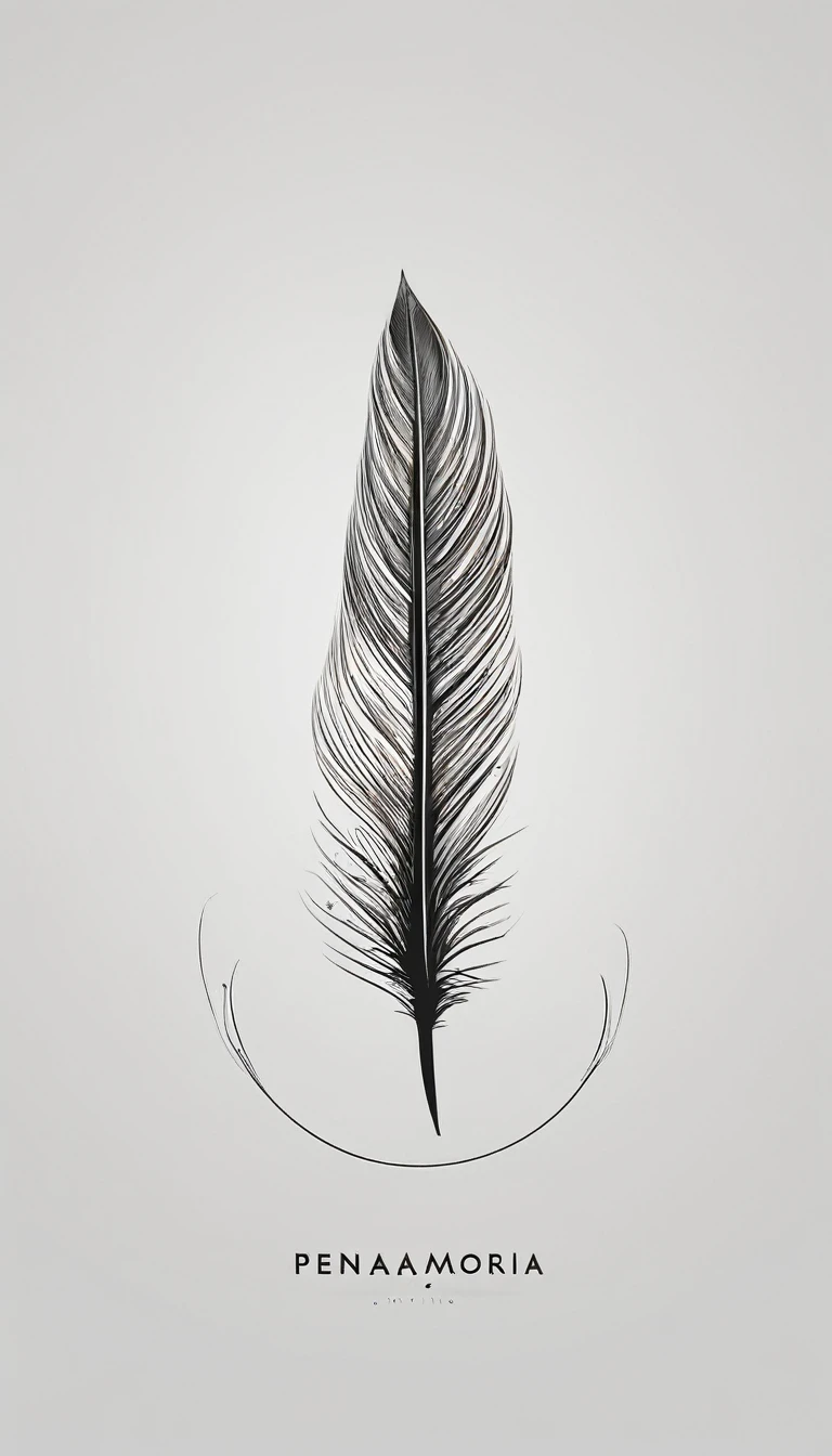 A minimal, modern, simple, cinematic logotype for the brand “Penamemoria". The logotype must be a simple, magical feather. The logo must convey a sense of music, stories and dreams. Logo design impressed on a book cover. Minimalistic logo