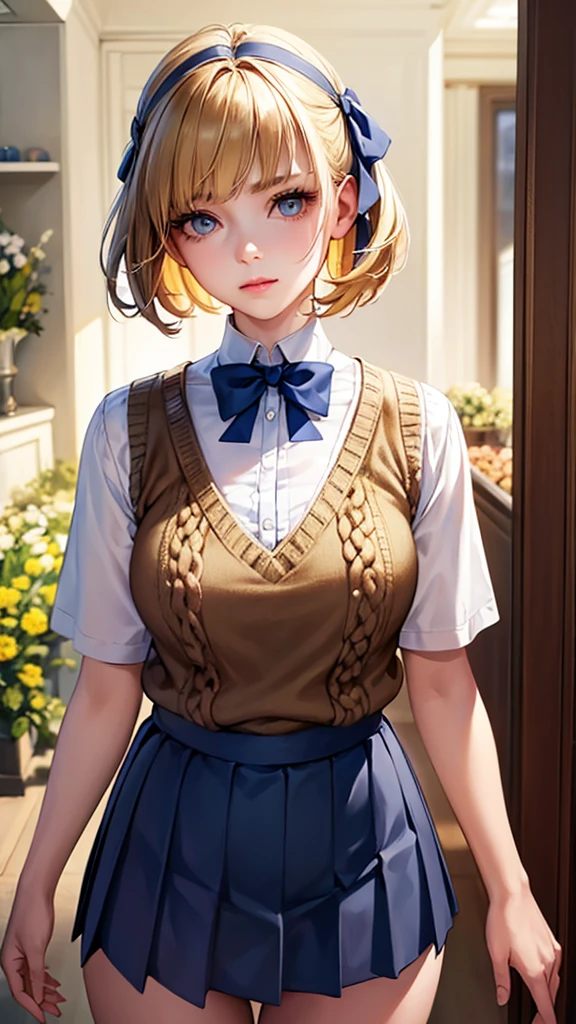 (masterpiece:1.2, top quality), (realistic, photorealistic:1.4), beautiful illustrations, (natural side lighting, cinema lighting), Depth of written border,
I look at the viewer, Foreground, 1 girl, English, high school student, 20 years, perfect face, Cute symmetrical face, shiny skin, open legs,
(short haircut:1.7,blonde), asymmetrical bangs, big eyes, Frozen eyes, long eyelashes on chest), Thin,
beautiful hair, Beautiful face, Thin and beautiful eyes, beautiful collarbone, Beautiful body, beautiful breasts, beautiful hips, Beautiful legs, beautiful fingers,
((Fine fabric texture, Brown knitted vest, white collar short sleeve shirt, dark blue pleated skirt, dark blue bow tie)),
(Beautiful landscape), Evening, (Inside a flower shop), They're standing, (smile, upper class, open your mouth), (((Skirt lift, no panties, The genitals are visible))), full body shot, Navy Blue Socks, sexy face, inverted nipples,