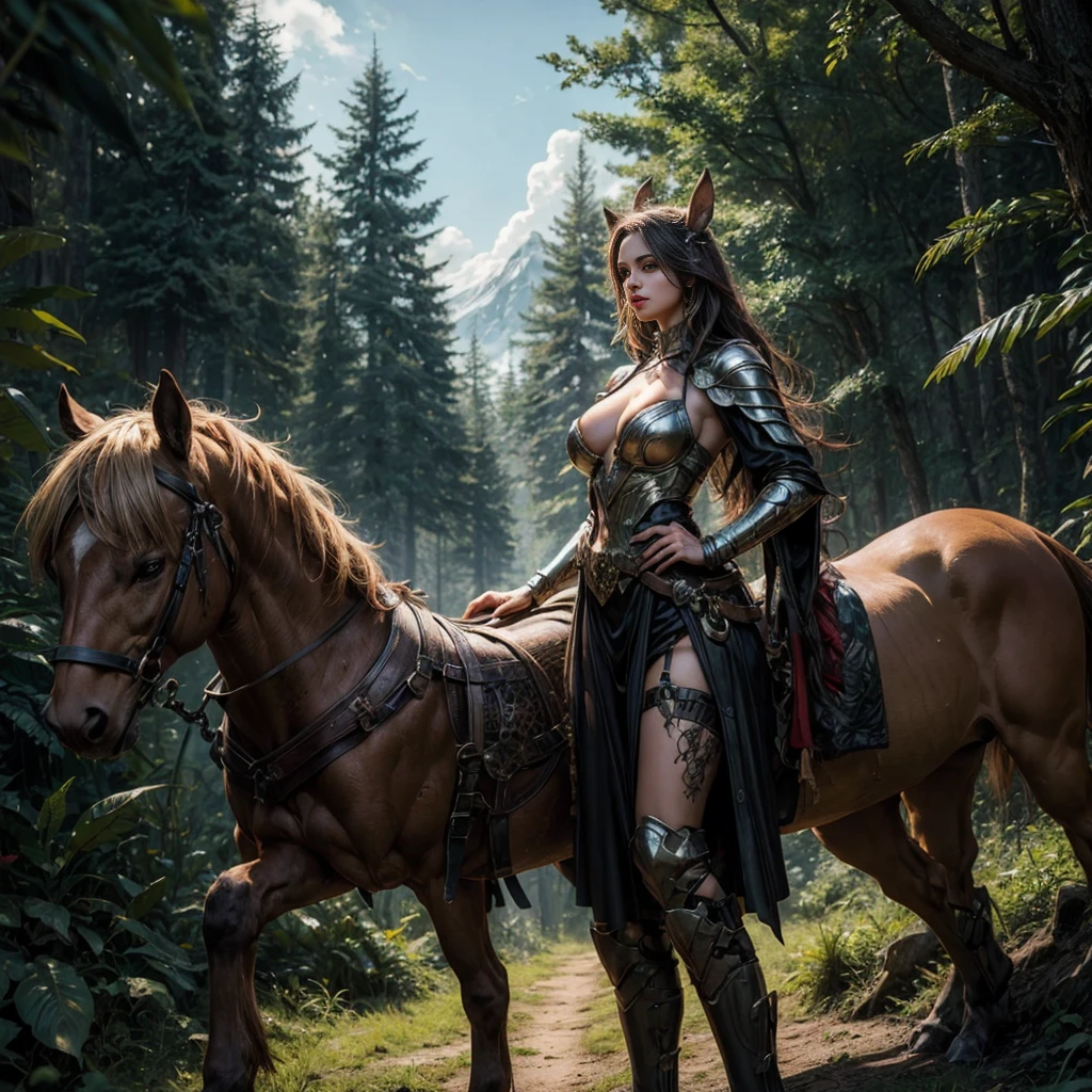 A centaur with a beautiful female face proudly holds a sword in the forest, Wear clothing that conveys elegance and strength. steadily, He is ready to face any threat that may be lurking in the dense woods.. Large Breasts. 35 mm, F/2.8, Hyperpolarizers, elegant, Very detailed and complex, masterpiece, Surreal, Practical. Image rendered in K HDR, High octane is also super detailed, Super Resolution, masterpiece, Practical.