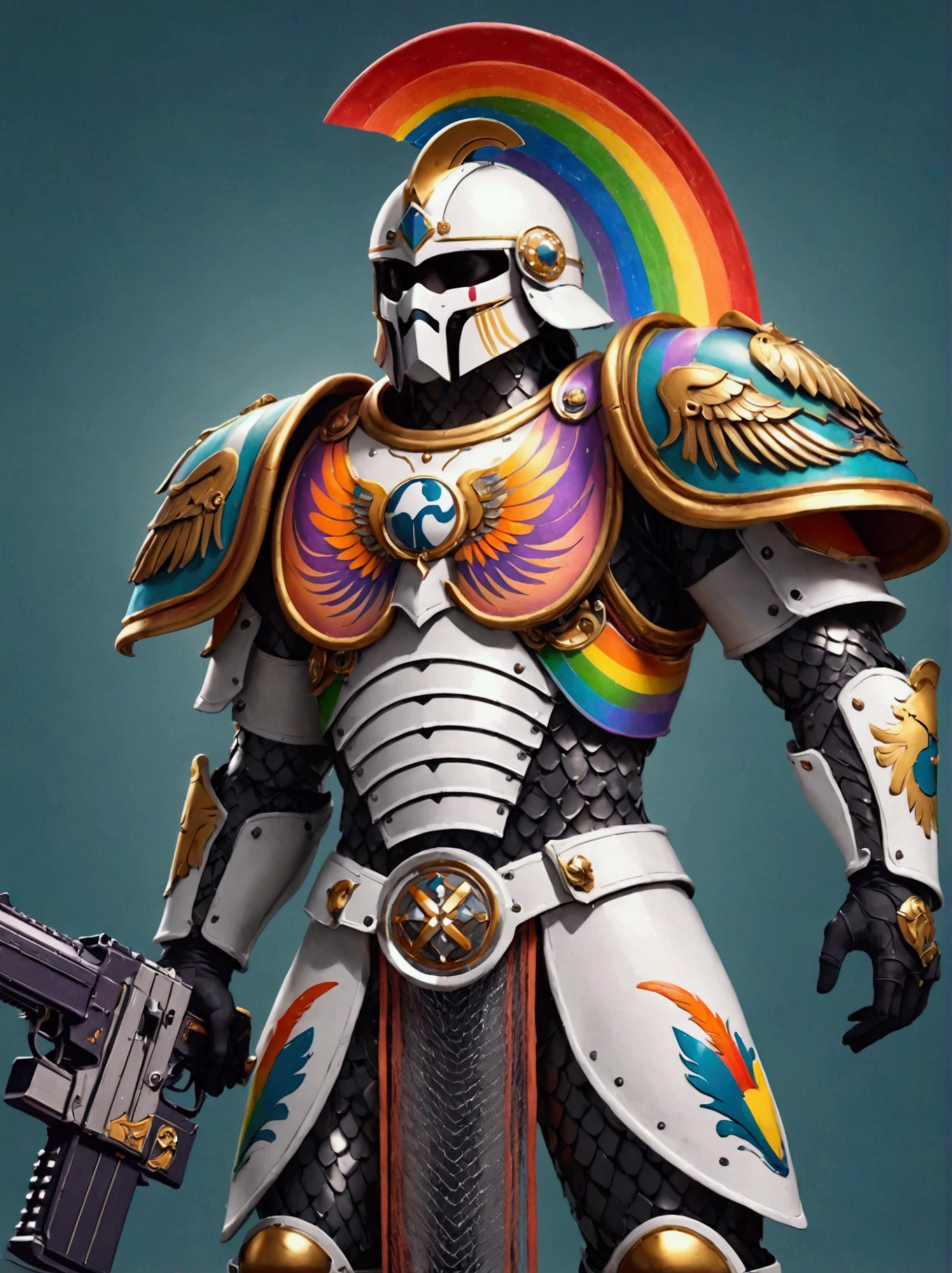 Imagine a futuristic warrior from a highly advanced pseudo-medieval universe. The warrior is armored in a power suit with features of Roman Centurions. The suit has a predominantly white color but is adorned with hues of vibrant rainbow colors, symbolizing inclusivity. Details include a helmet with a plume, a chainmail skirt, pauldrons with imperial eagles, and a power backpack shaped like an upside-down 'T'. The warrior is holding a futuristic version of a bolter gun in one hand and a power sword in the other hand, both decorated in the same vibrant colors