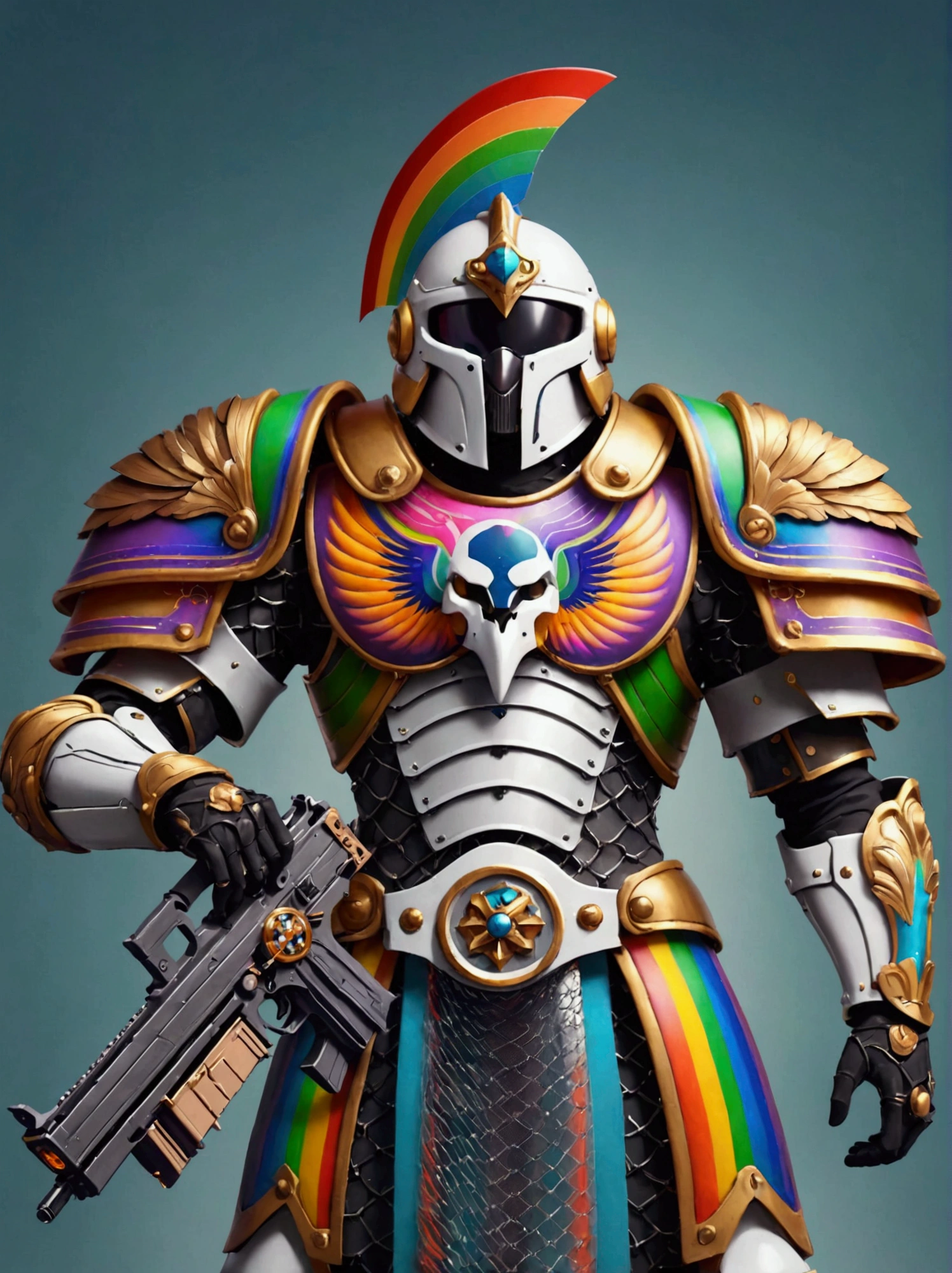 Imagine a futuristic warrior from a highly advanced pseudo-medieval universe. The warrior is armored in a power suit with features of Roman Centurions. The suit has a predominantly white color but is adorned with hues of vibrant rainbow colors, symbolizing inclusivity. Details include a helmet with a plume, a chainmail skirt, pauldrons with imperial eagles, and a power backpack shaped like an upside-down 'T'. The warrior is holding a futuristic version of a bolter gun in one hand and a power sword in the other hand, both decorated in the same vibrant colors