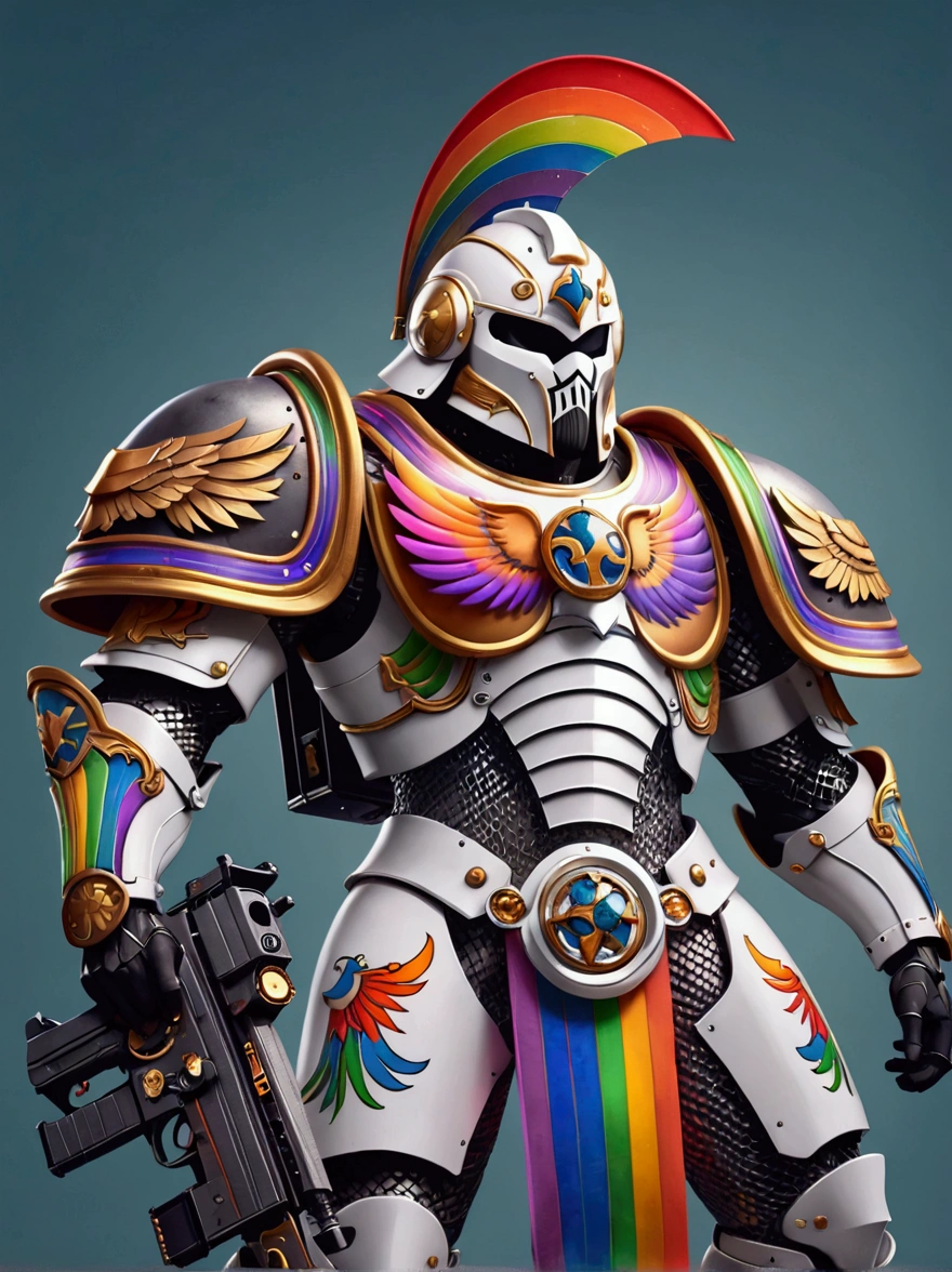 Imagine a futuristic warrior from a highly advanced pseudo-medieval universe. The warrior is armored in a power suit with features of Roman Centurions. The suit has a predominantly white color but is adorned with hues of vibrant rainbow colors, symbolizing inclusivity. Details include a helmet with a plume, a chainmail skirt, pauldrons with imperial eagles, and a power backpack shaped like an upside-down 'T'. The warrior is holding a futuristic version of a bolter gun in one hand and a power sword in the other hand, both decorated in the same vibrant colors
