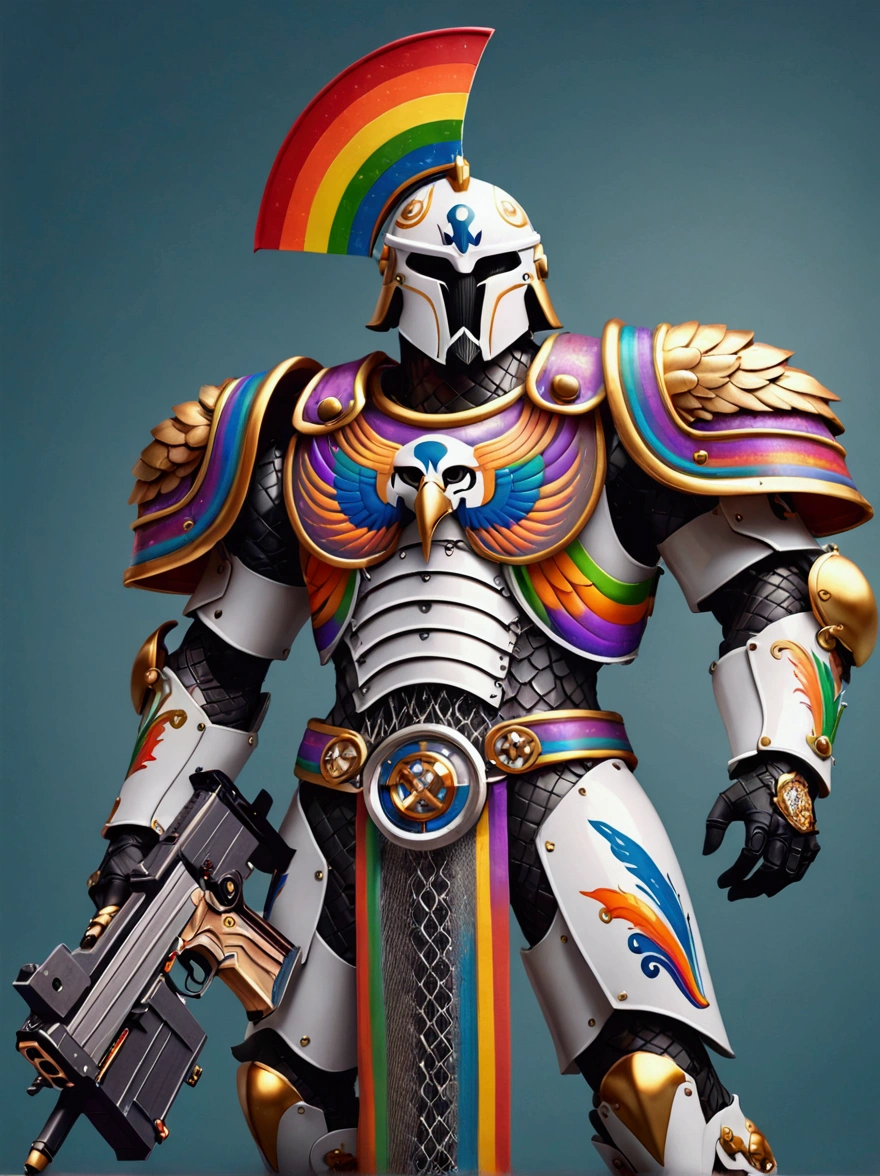 Imagine a futuristic warrior from a highly advanced pseudo-medieval universe. The warrior is armored in a power suit with features of Roman Centurions. The suit has a predominantly white color but is adorned with hues of vibrant rainbow colors, symbolizing inclusivity. Details include a helmet with a plume, a chainmail skirt, pauldrons with imperial eagles, and a power backpack shaped like an upside-down 'T'. The warrior is holding a futuristic version of a bolter gun in one hand and a power sword in the other hand, both decorated in the same vibrant colors