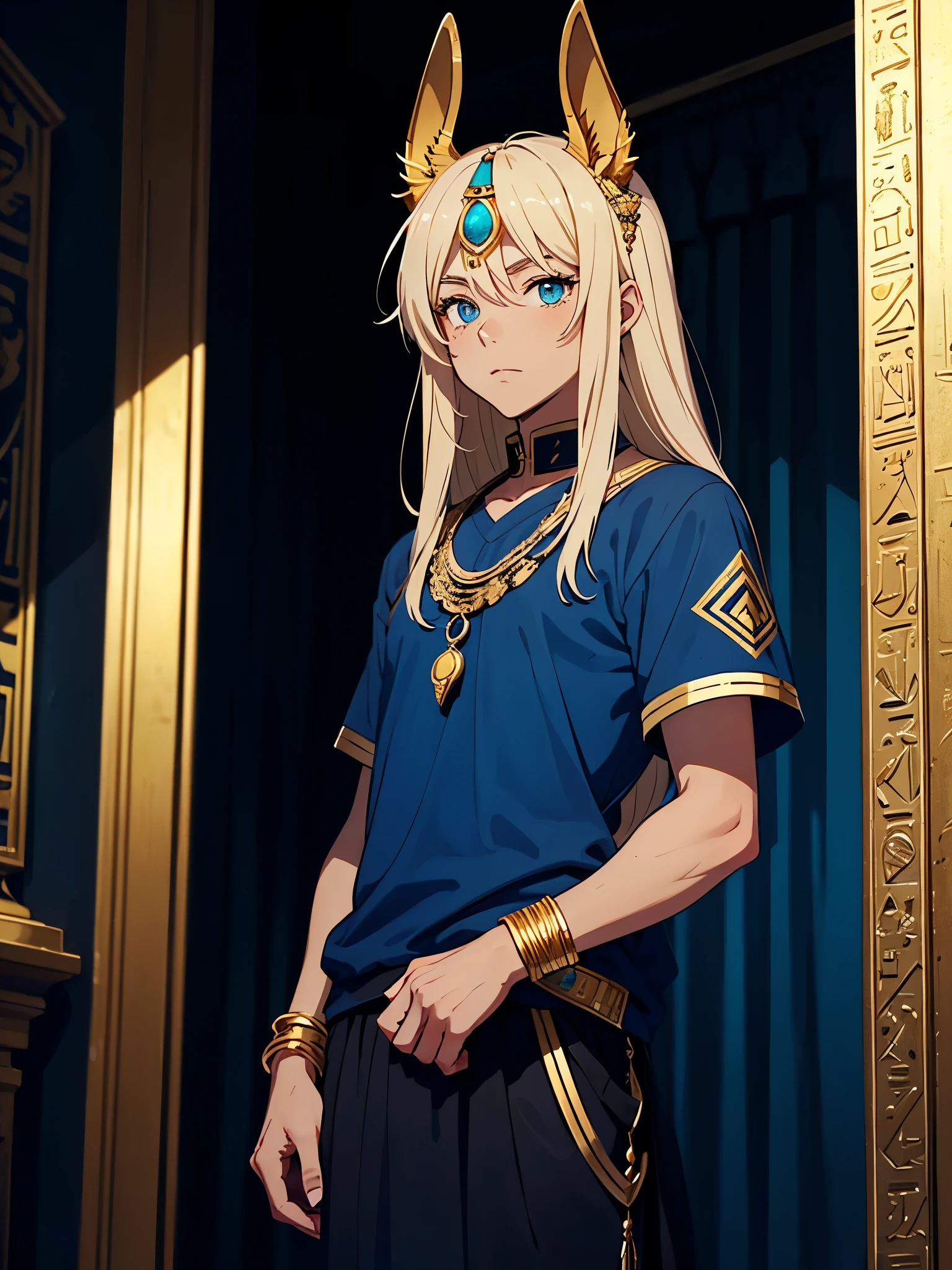 More anime style. cutie pie. アニメ! Teenage boy. Egyptian deity Anubis. Egyptian blue clothing. Blue clothes. long blond hair. Lots of gold jewelry. dark skin. Egyptian. dazzling blue eyes. mystical. divine.