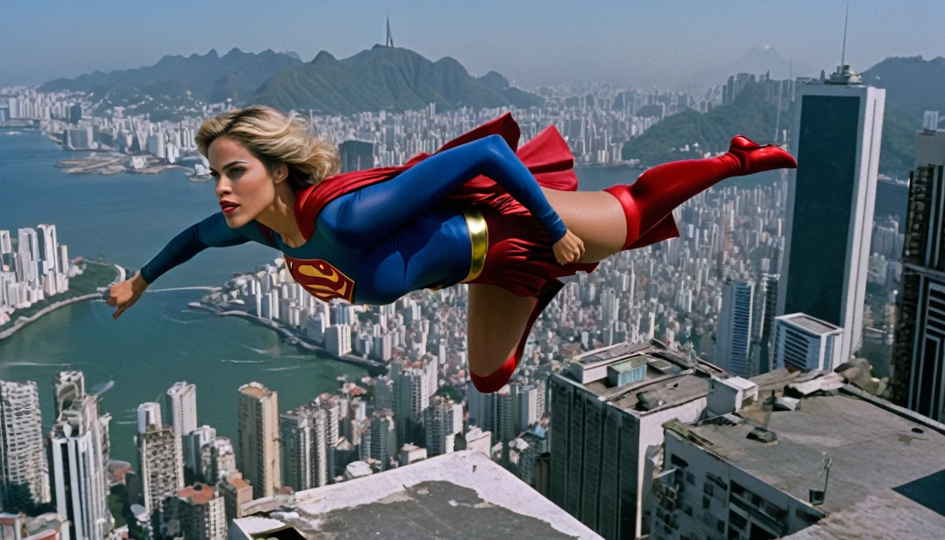 super breasts; Paula Patton Supergirl 1984s movie costume; saving the world; posição de levantar vôo; braços esticados para cima; taking off from a roof (worn clothes on the ground); floating towards the Centro da Cidade- Rio de Janeiro sky; HD. Photograph, ((realism)), extremely high quality RAW photograph, ultra detailed photograph, sharp focus, high resolution, (detailed skin:1,3),high quality, film grain, Fujifilm XT3,Highly Detailed, movie, (Cinematic Photo:1.3) of (Realistic:1.3). Super breasts.