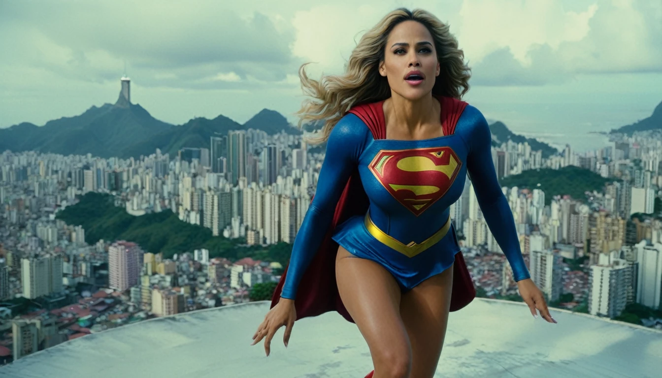 super breasts; Paula Patton Supergirl 1984s movie costume; saving the world; posição de levantar vôo; braços esticados para cima; taking off from a roof (worn clothes on the ground); floating towards the Centro da Cidade- Rio de Janeiro sky; HD. Photograph, ((realism)), extremely high quality RAW photograph, ultra detailed photograph, sharp focus, high resolution, (detailed skin:1,3),high quality, film grain, Fujifilm XT3,Highly Detailed, movie, (Cinematic Photo:1.3) of (Realistic:1.3). Super breasts.
