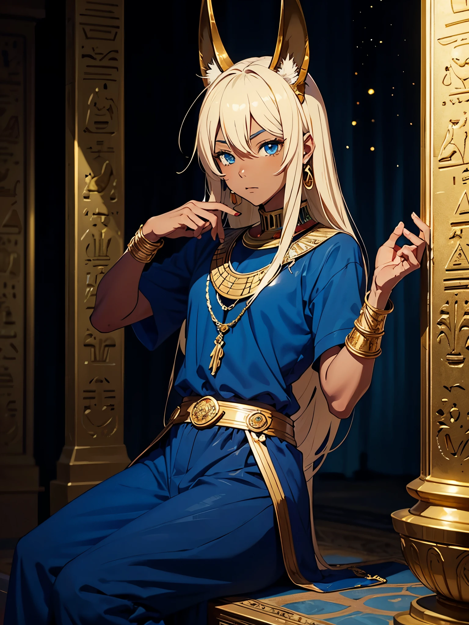 More anime style. cutie pie. アニメ! . Egyptian deity Anubis. Egyptian blue clothing. Blue clothes.  long blond hair. Lots of gold jewelry. dark skin. Egyptian. dazzling blue eyes. mystical. divine.