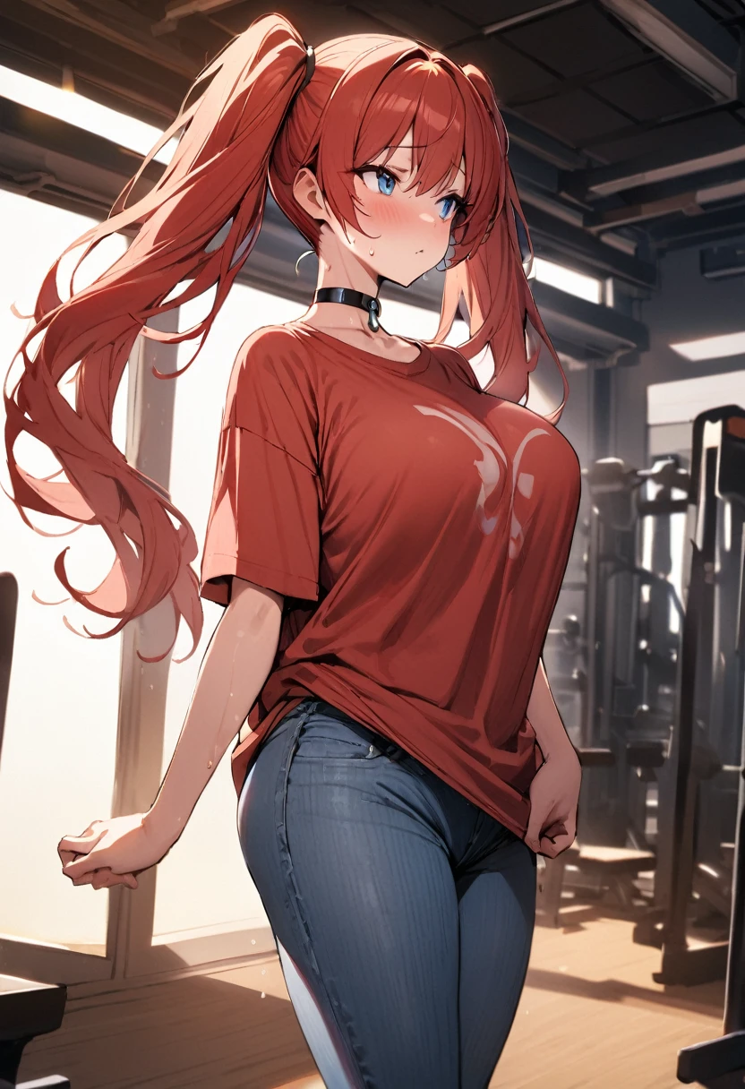 Masterpiece, 1girl, twin tails, long hair, red hair, blue eyes, light blush, sweat, choker, tshirts, baggy tshirts, big breasts, denim jeans, open jeans, thongs, sunshine, standing, looking away, in the gym, cowboy shot 