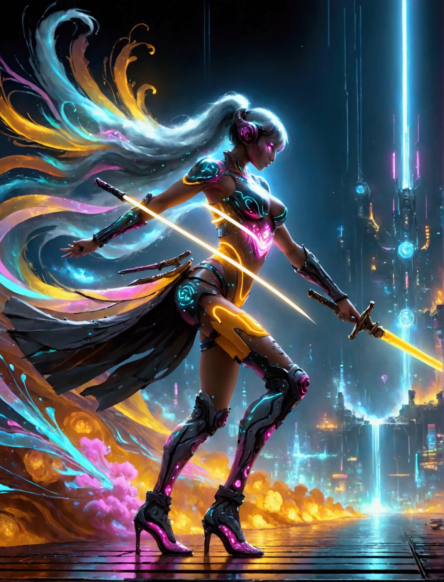 A futuristic warrior, resplendent in glowing armor of vibrant neon shades, stands poised in an active, dynamic stance. The warrior, whose descent is South Asian and gender is female, grasps a light-emanating sword with an air of readiness and intensity. The scene captures the aesthetics of cyberpunk, painted digitally with bold, adventurous brush strokes that mimic the flow and urgency of the situation. Billows of energy erupt around her, as if the city nightscape itself is reacting to her presence. It's a whirlwind of luminosity and avant-garde futurism, encapsulating a cyberpunk warrior's resolve in the face of adversity