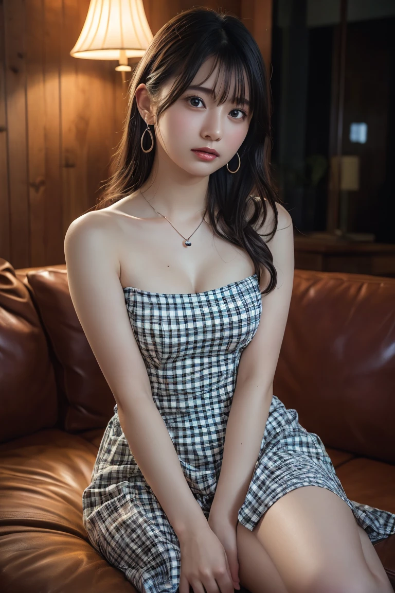 (Highest quality:1.4),(masterpiece:1.4),(Realistic:1.4),(Realistic:1.2),(超High resolution, RAW Photos:1.4),(High resolution, Ultra-detailed:1.2),(8K:1.2),View your viewers,Cinematic photography,One girl,skeletally correct,Black-haired woman,(Small earrings,necklace,Checkered tube top dress,Beautiful body lines,View from the front),(Western-style building interior,Dimly lit room,The lamplight shines on my cheeks,Sit on the sofa)