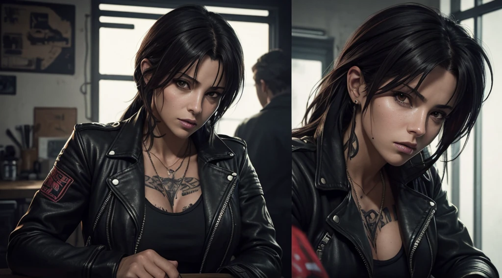 Revy from black lagoon, tattooed babe, wearing a black leather jacket, short ripped jeans, Her expression is sensual, hair loose and messy, hair blowing around, background is a bright scene, neon lights illuminating the area around her, The artwork is rendered in an edgy and realistic style, with high attention to detail and sharp focus. The colors are vivid and contrasted, with a slight desaturation to create a moody atmosphere. shadowy highlights enhancing the overall composition. The medium used is a digital illustration, with a touch of photo-realistic elements to add depth and texture to the image. The final result is a masterpiece in ultra-high resolution, showcasing the intense and raw nature of Revy's character. she's facing the front image, alone, poster shot