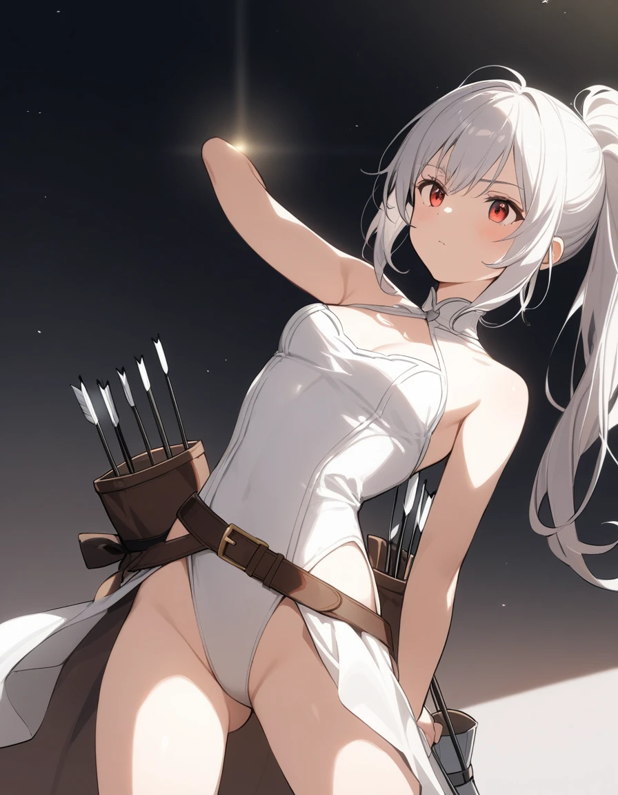 1 girl, shiny backlight, volumy long ponytail, silver hair, red eyes, middle breasts, her hair is fluttering down, white fantasic leotard outfit, white long loincloth,brown belts, long Quiver of Arrows behind back, open legs,open thighs, arched back, scerious, aiming, gazing, cowboy shot, masterpiece, best quality, general, cowboy shot